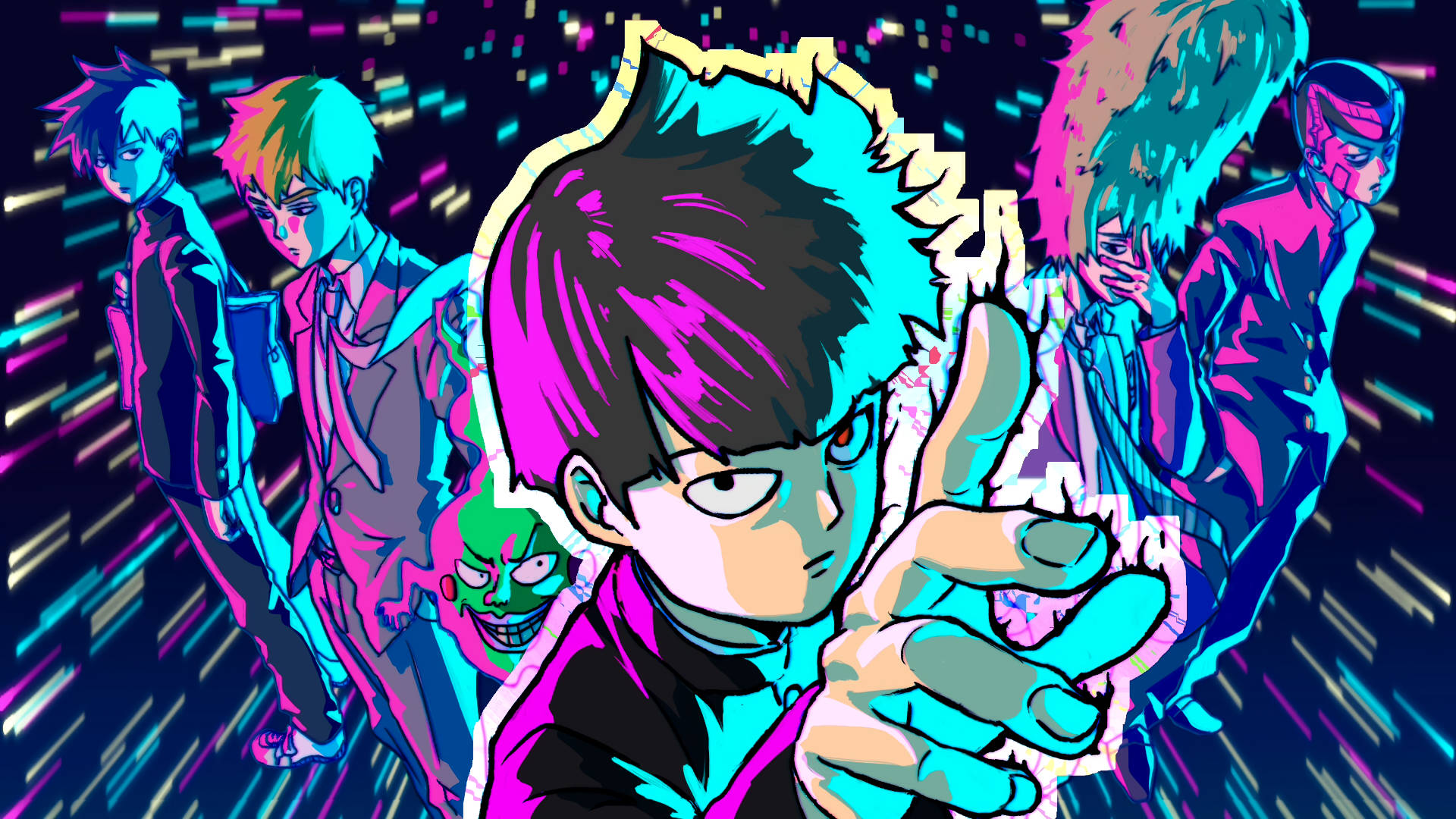 psycho 桌布 壁紙 — 充滿活力的動漫角色，帶有霓虹髮色和賽博龐克風格，在條紋數位背景前動態擺姿勢。