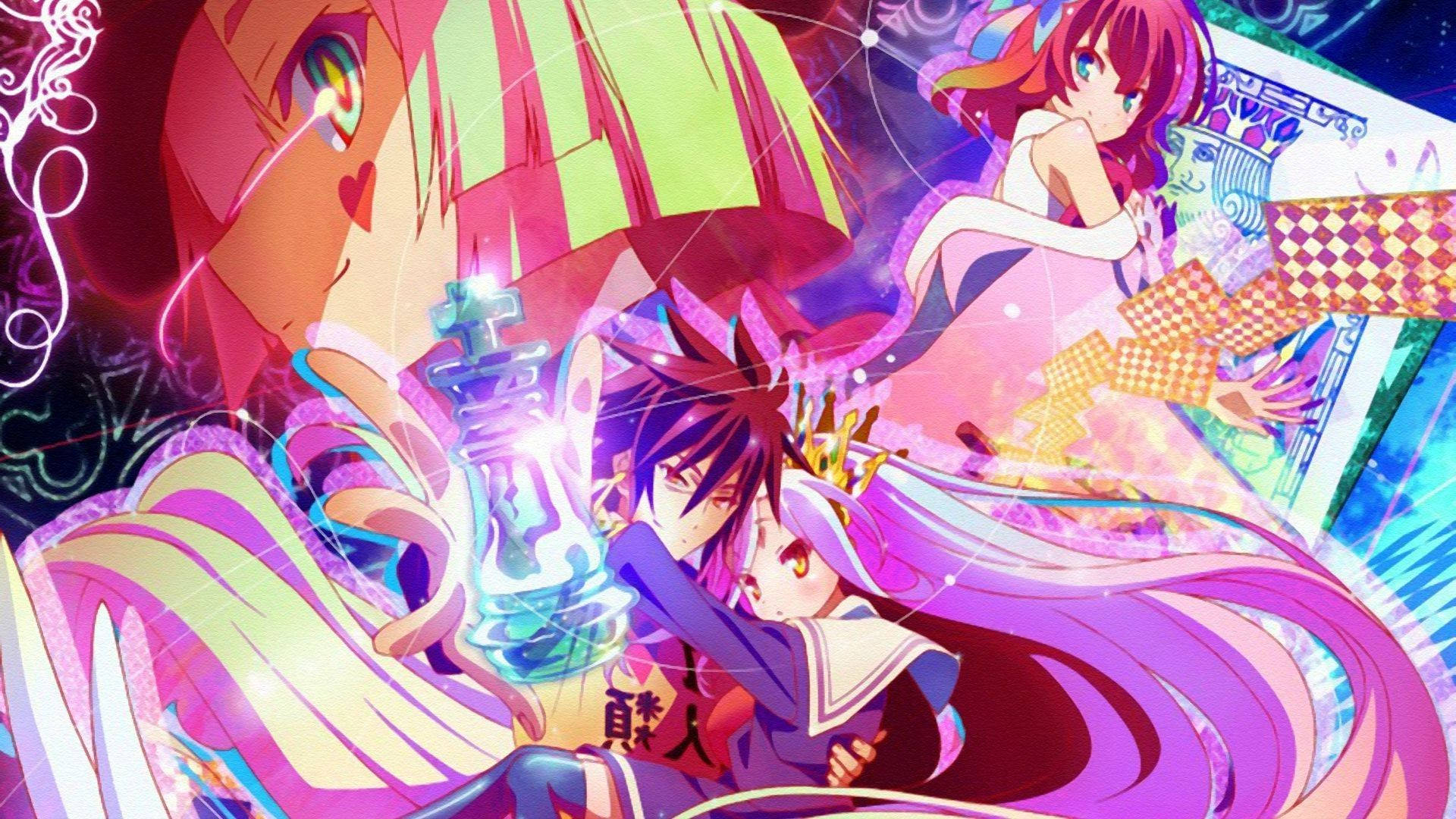 game 桌布 壁紙 — 充滿活力的動漫角色，擁有發光的眼睛和動態的頭髮漩渦，置身於萬花筒般的霓虹燈幻想場景中。