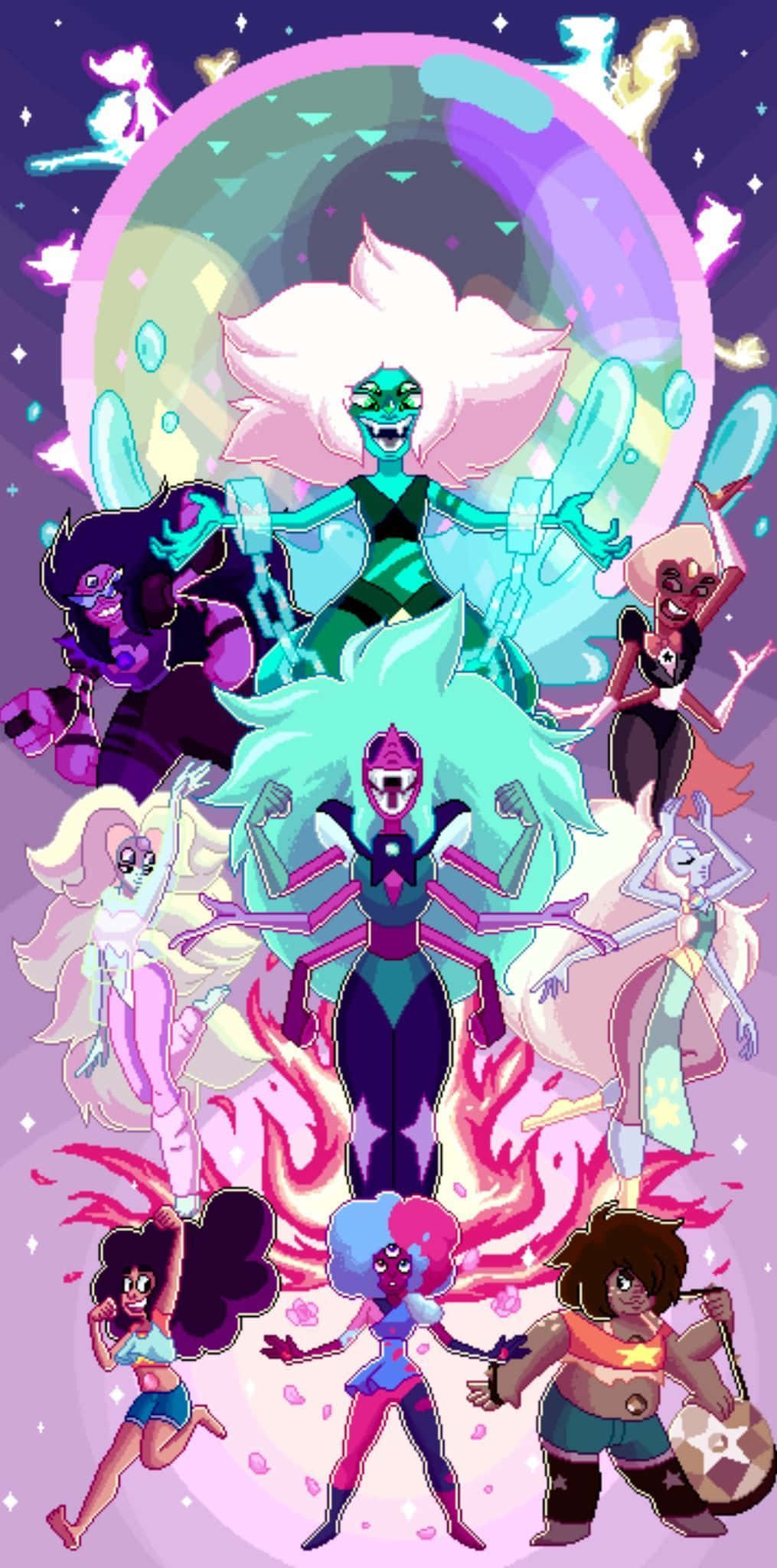 Steven Universe iPad 桌布 壁紙 — 充滿活力的動漫角色，擁有發光的頭髮和色彩繽紛的服裝，在帶有漂浮寶石和閃光的宇宙背景下動態擺姿勢。