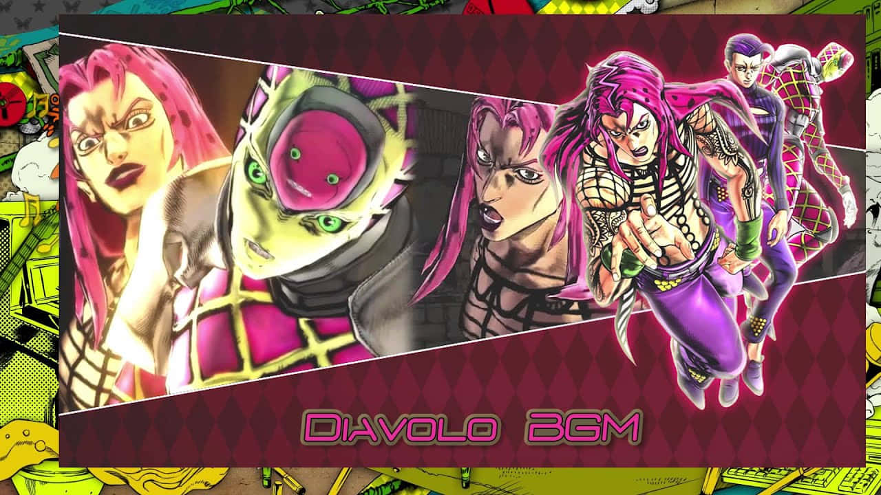 Jojo's Bizarre Adventure Diavolo 桌布 壁紙 — 充滿活力的動漫角色，擁有粉紅色頭髮和大膽的服裝，在漫畫風格的背景上動態擺姿勢。