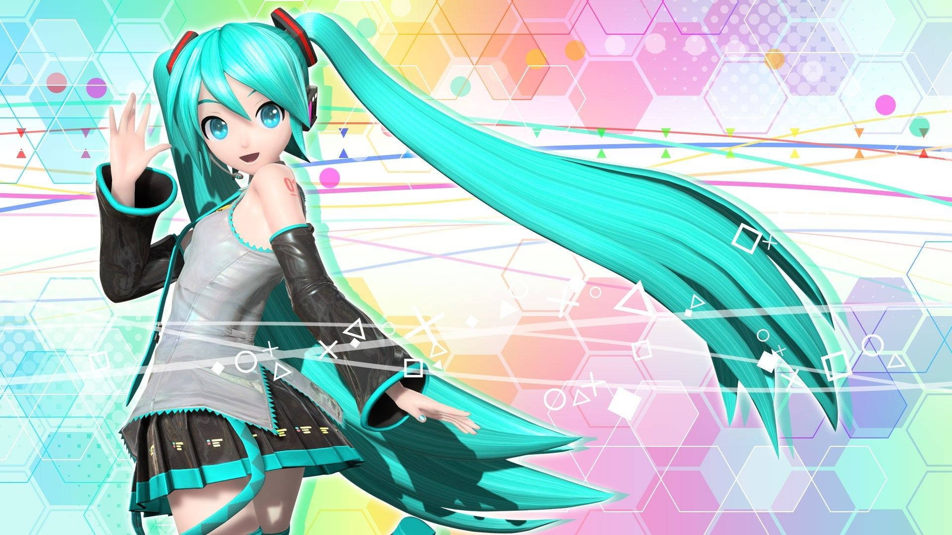 miku 桌布 壁紙 — 充滿活力的動漫角色，擁有藍綠色波浪頭髮，背景是充滿音樂符號的彩色幾何圖案。