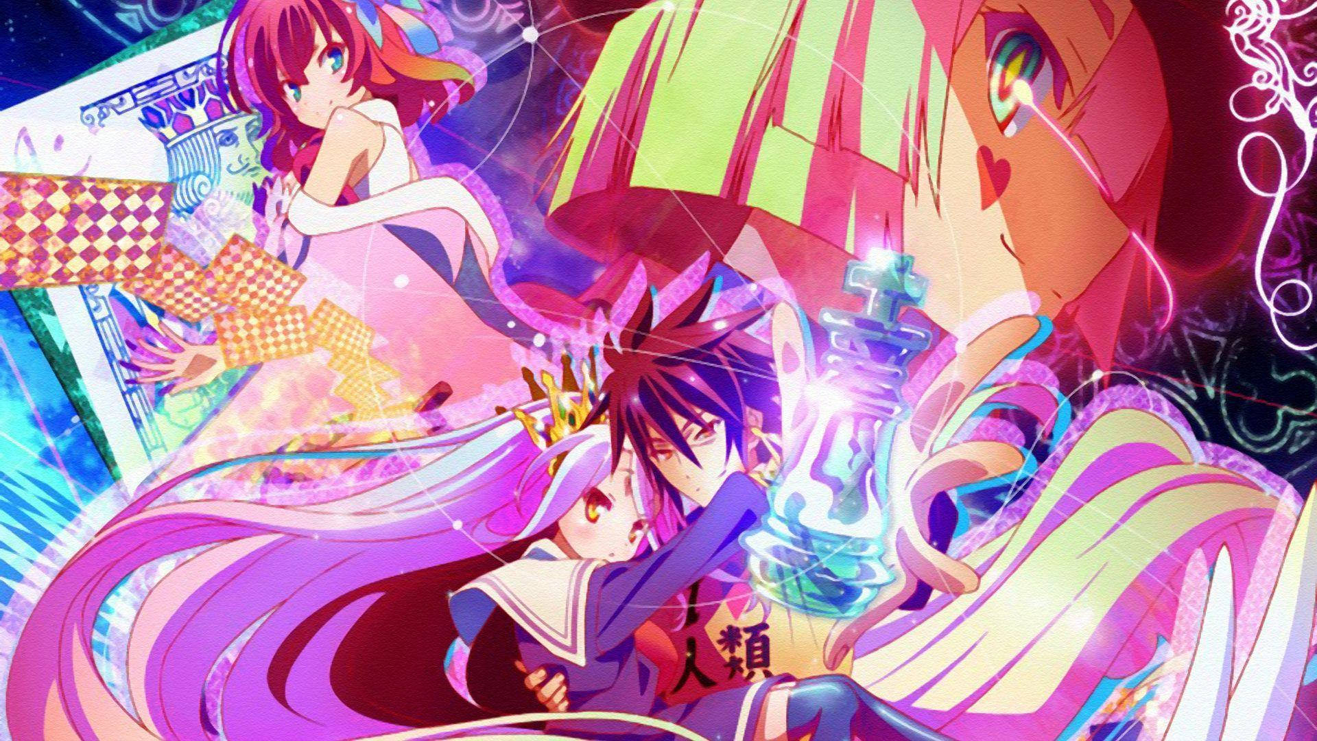 game 桌布 壁紙 — 充滿活力的動漫角色，擁有飄逸的頭髮和發光的魔法，在色彩繽紛的超現實構圖中。