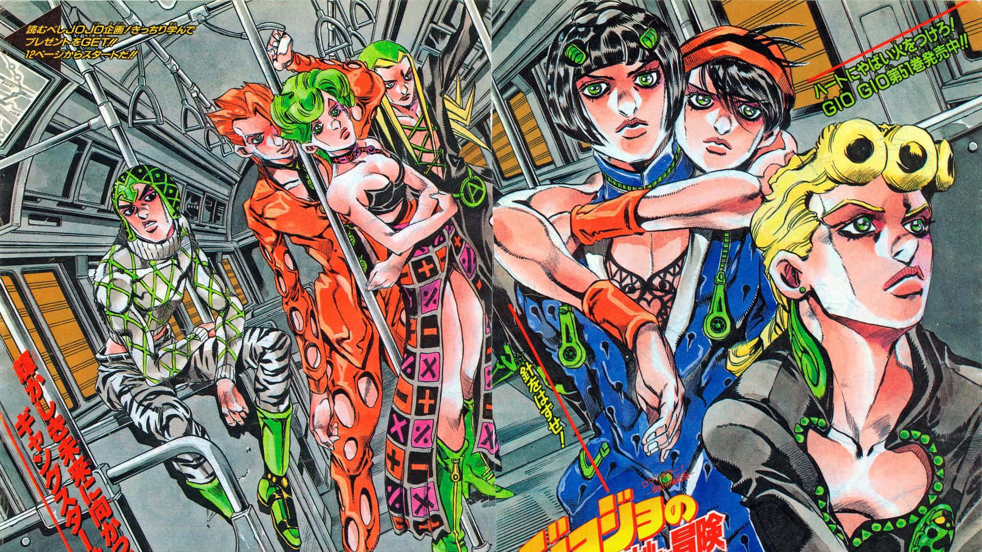 Jjba 桌布 壁紙 — 充滿活力的動漫角色，有著大膽的綠色眼睛和色彩繽紛的服裝，在地鐵車廂內戲劇性地擺姿勢。