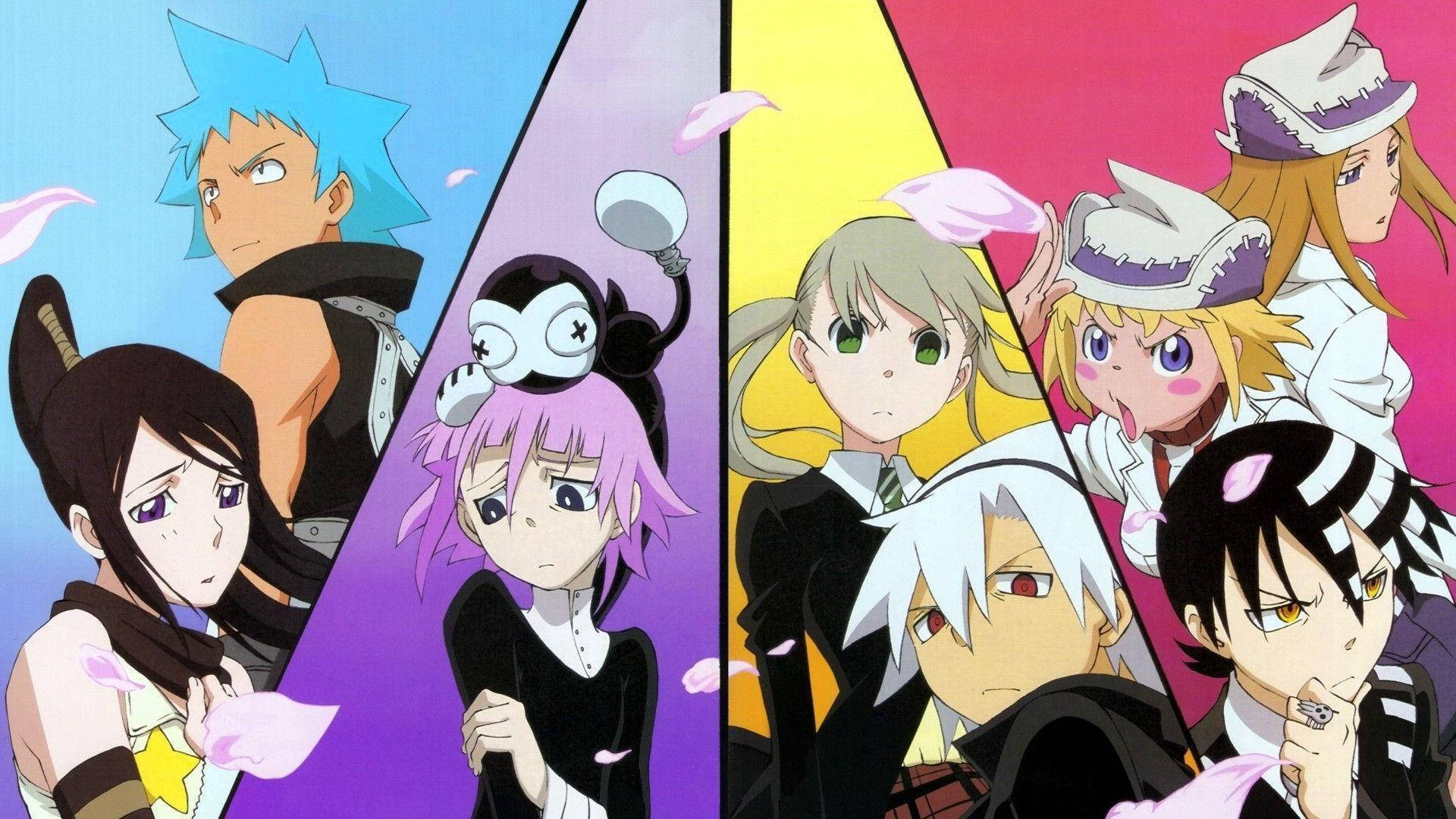 Soul Eater 桌布 壁紙 — 充滿活力的動漫角色，有著尖刺頭髮和富有表現力的眼睛，被分組在色彩繽紛的三角形區域中，周圍有漂浮的粉紅色花瓣。