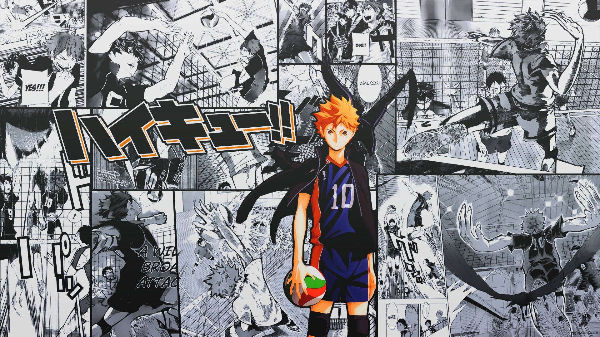 Shoyo Hinata 桌布 壁紙 — 充滿活力的動漫角色，橙色頭髮，身穿10號球衣，站在中央，周圍是動態的黑白排球漫畫面板。