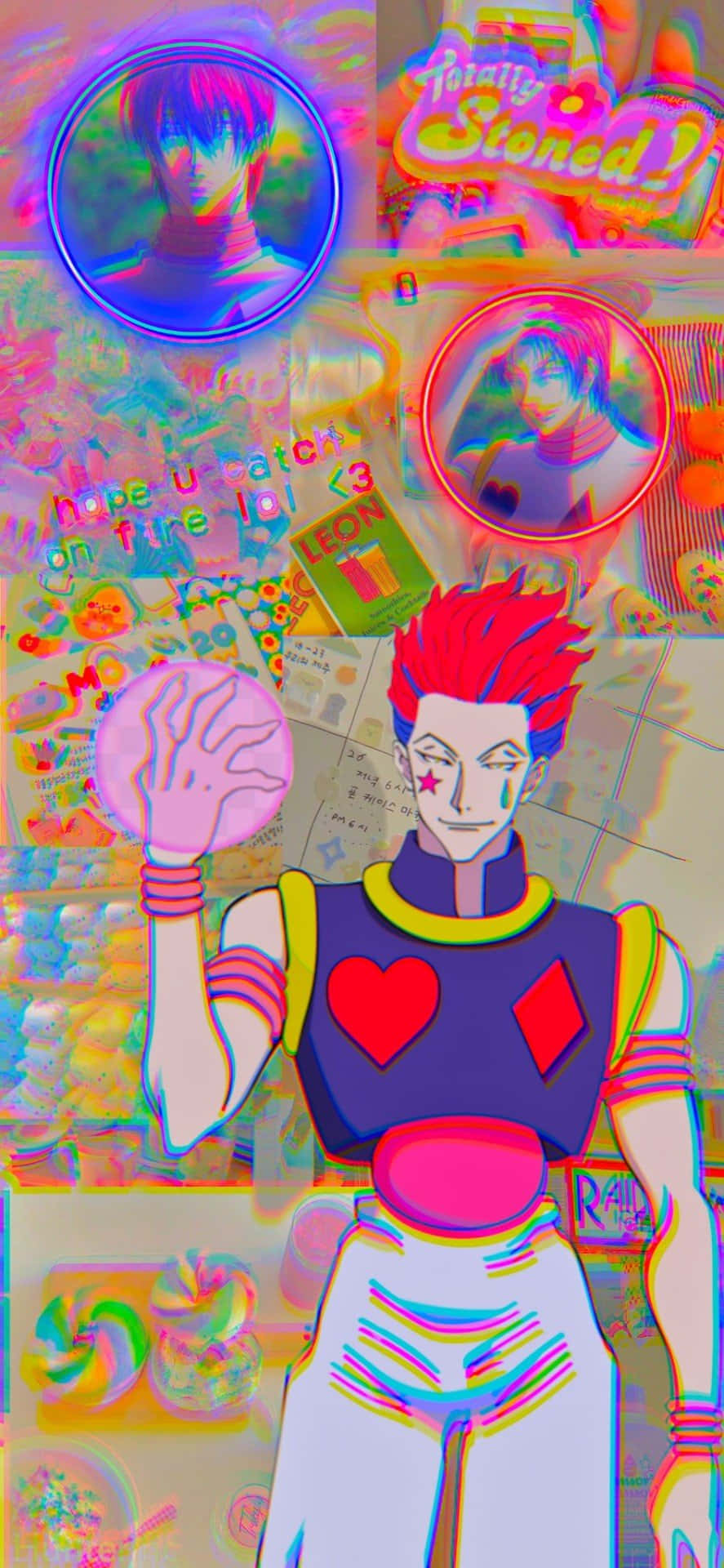 Glitchcore 桌布 壁紙 — 充滿活力的動漫角色，紅髮和心形標誌，站在色彩繽紛的故障風格貼紙和文字拼貼中。