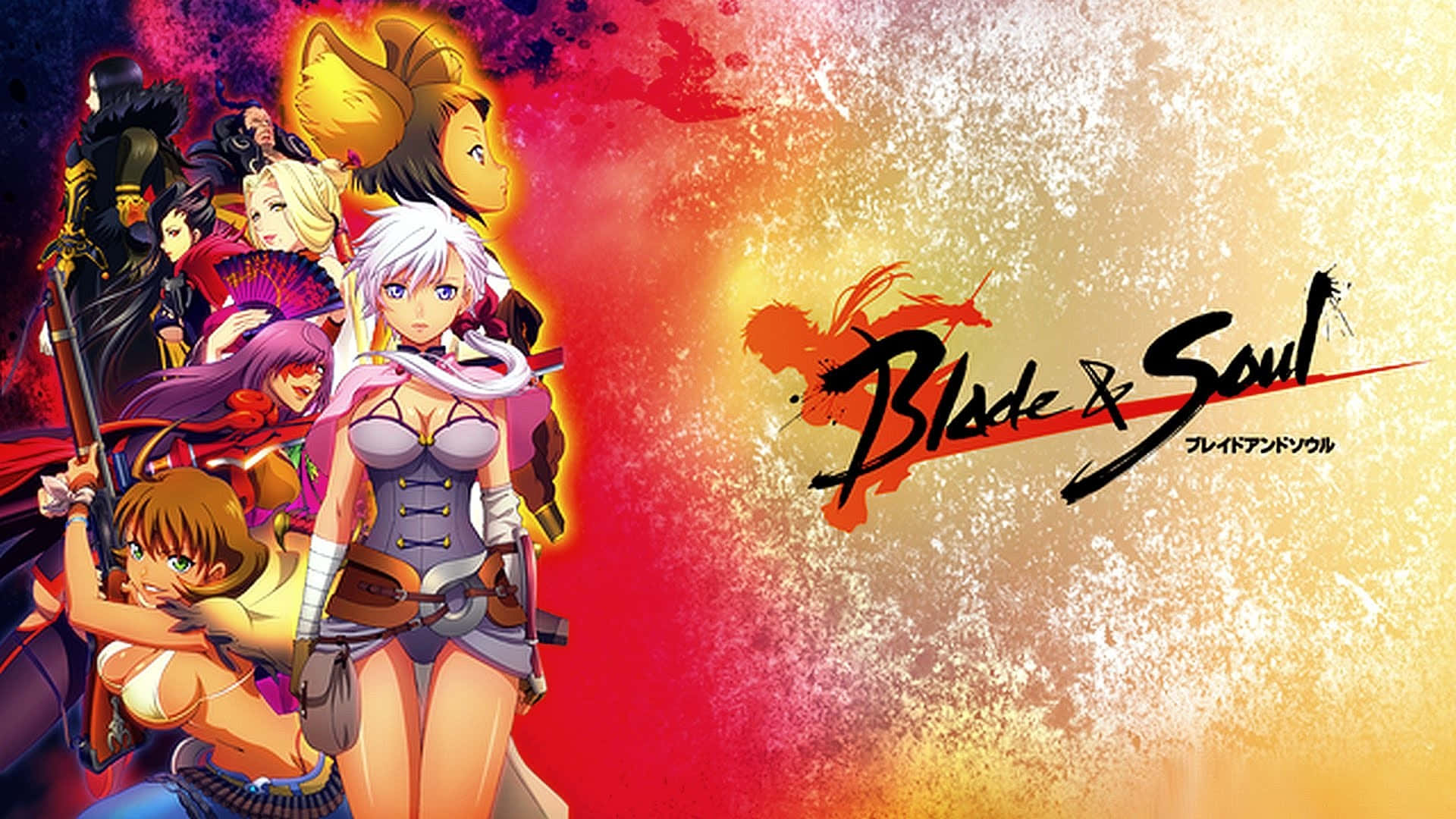 blade and soul 桌布 壁紙 — 充滿活力的動漫角色以動感姿勢呈現，背景為火紅與金色漸變，並帶有 Blade & Soul 標誌。
