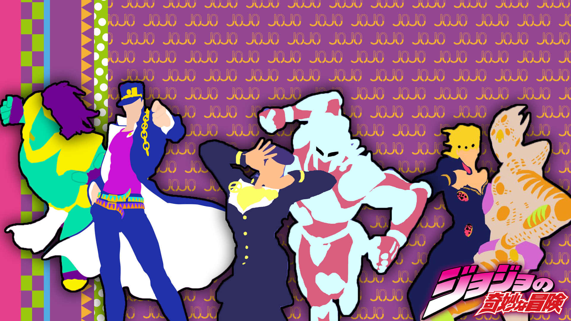 Jojo 桌布 壁紙 — 充滿活力的動漫角色以動態姿勢呈現在重複JoJo標誌圖案的紫色背景上。