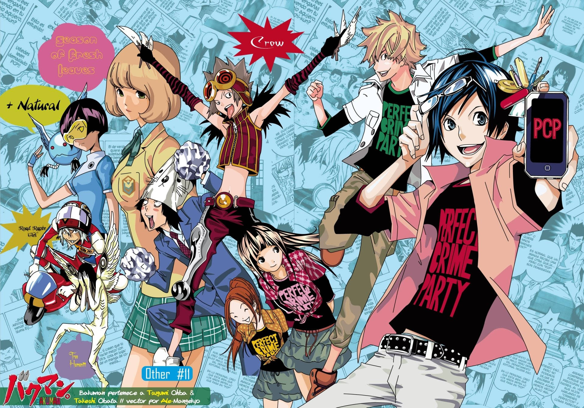 Bakuman 桌布 壁紙 — 充滿活力的動漫角色以動態姿勢呈現，配有對話氣泡和漫畫風格背景。