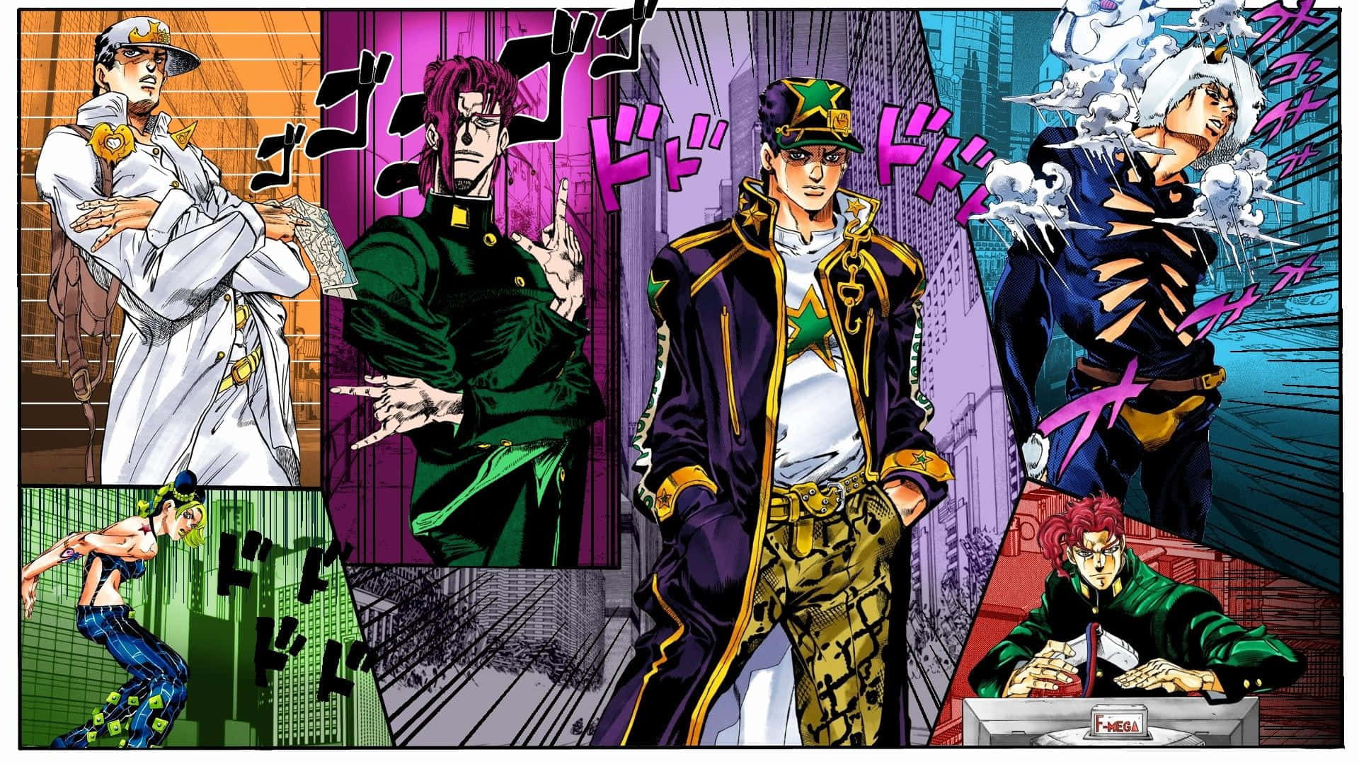 Battle Tendency 桌布 壁紙 — 充滿活力的動漫角色以動態姿勢呈現，搭配大膽的漫畫音效，背景為風格化的城市景觀。