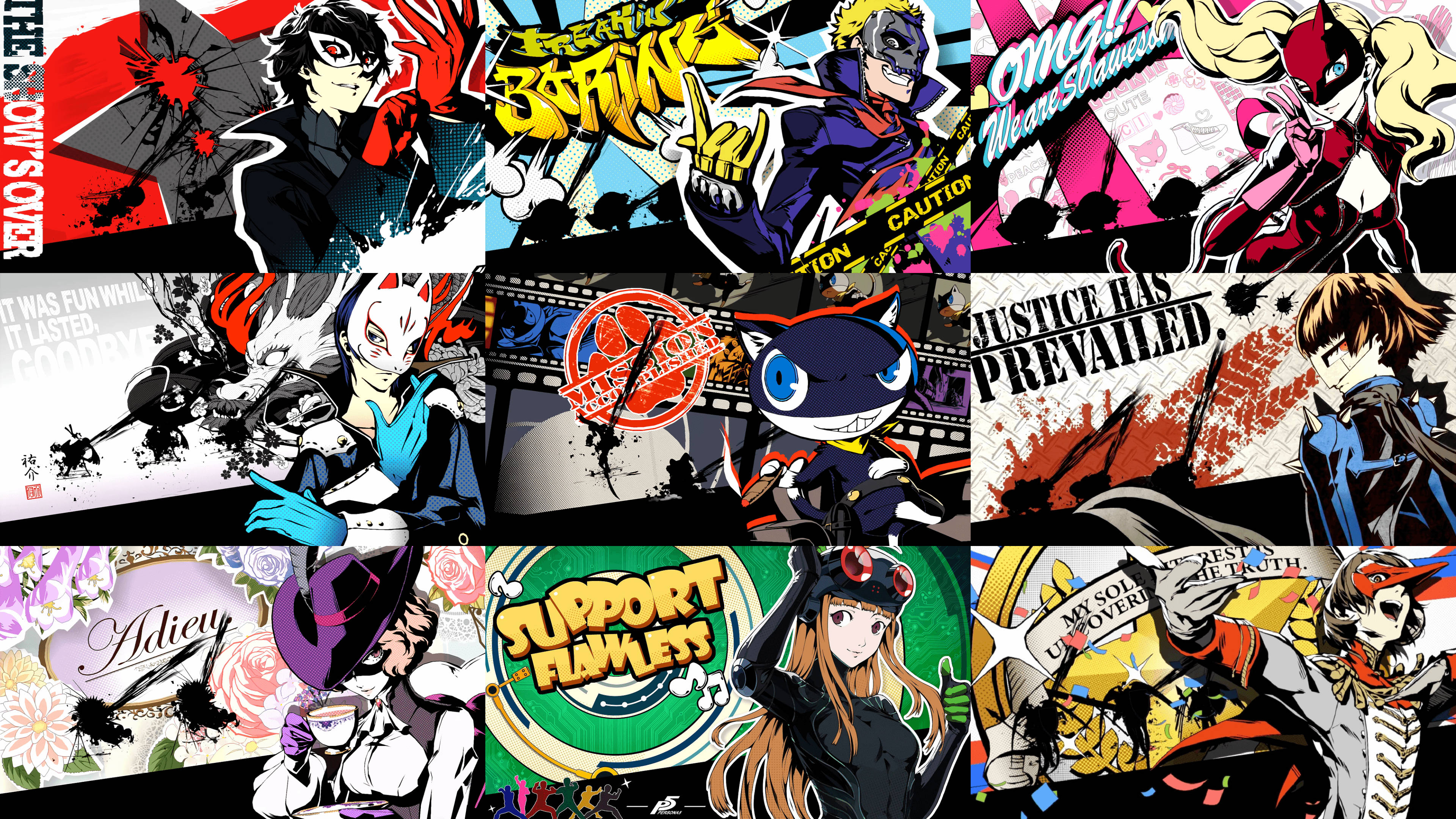 persona 5 4K 桌布 壁紙 — 充滿活力的動漫角色以動態姿勢呈現，帶有粗體漫畫風格文字和潑濺效果，遍佈拼貼畫。