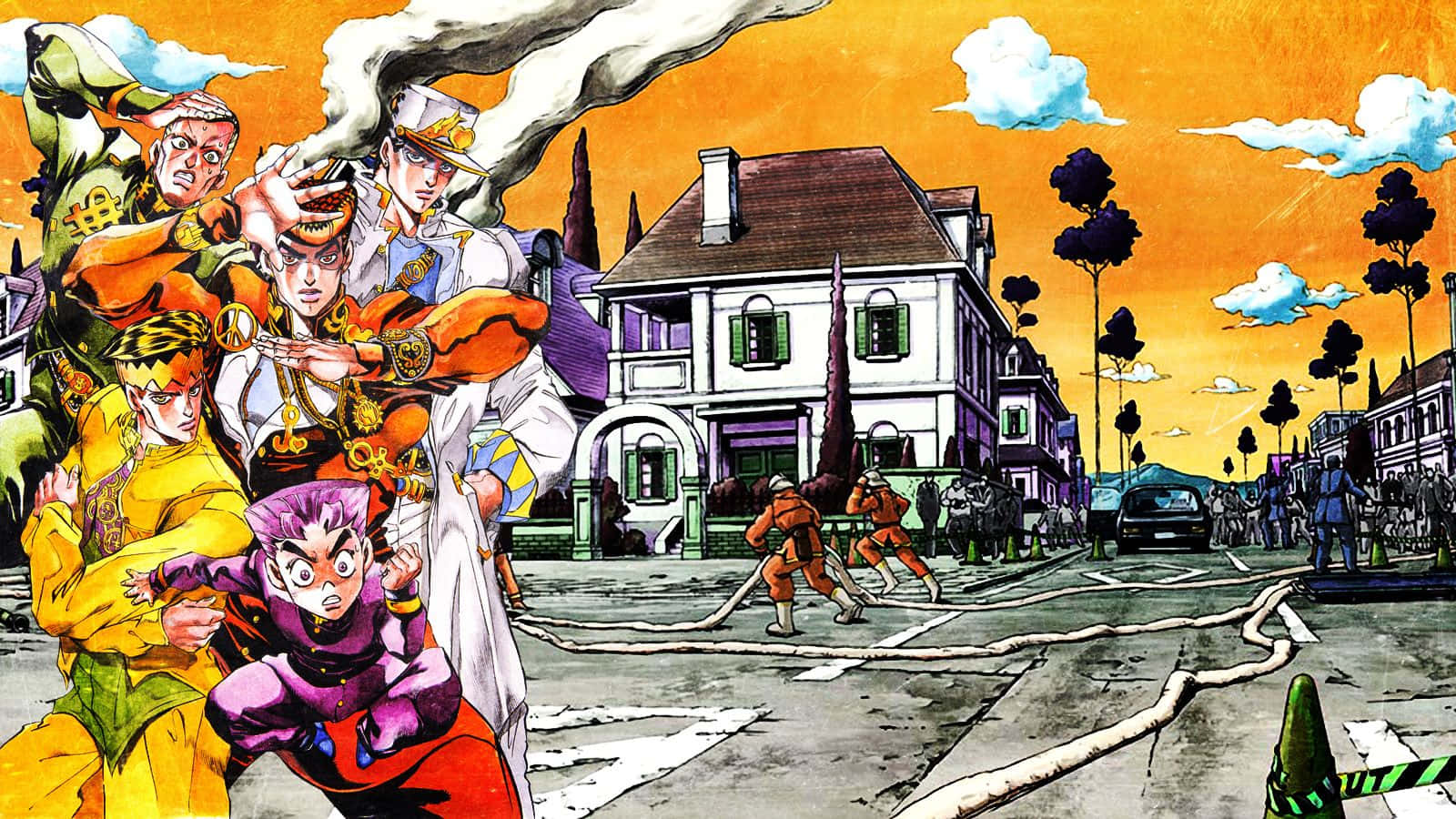 Jojo Manga 桌布 壁紙 — 充滿活力的動漫角色以動態姿勢在陽光明媚的街道上衝突，背景是一座大房子和士兵。