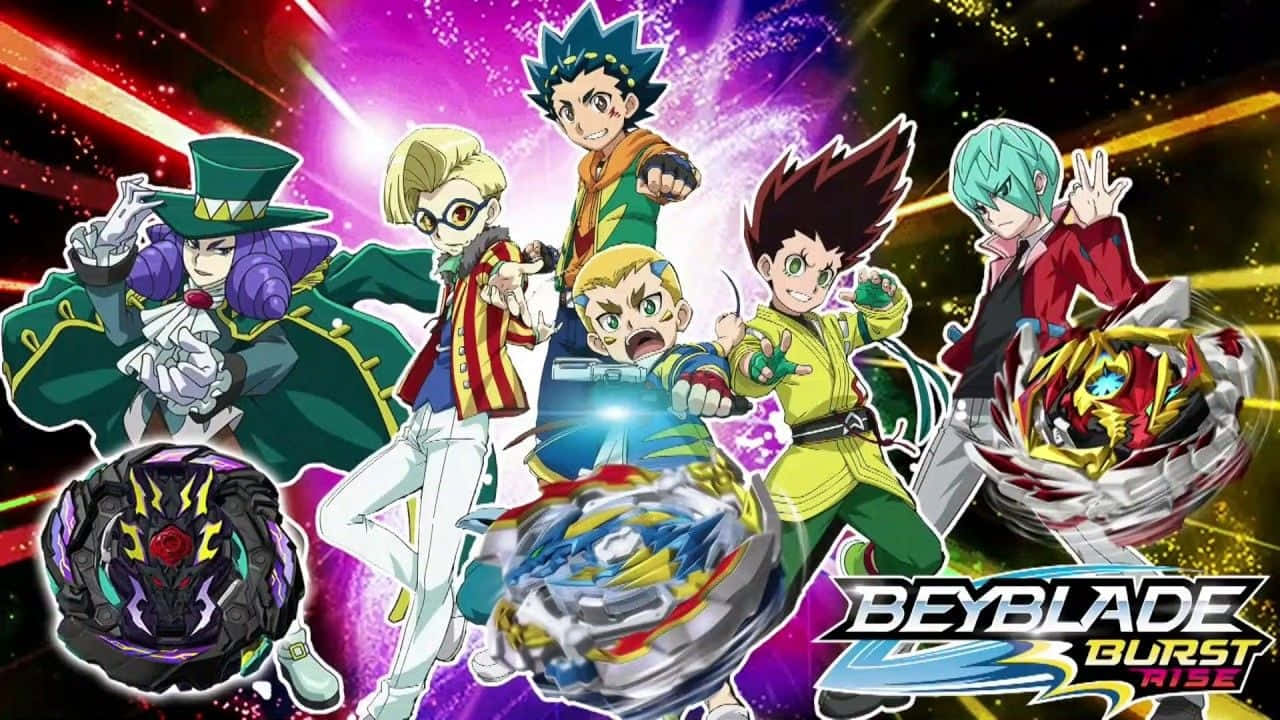 Beyblade Burst 桌布 壁紙 — 充滿活力的動漫角色以動態姿勢旋轉Beyblades，背景是宇宙星爆。