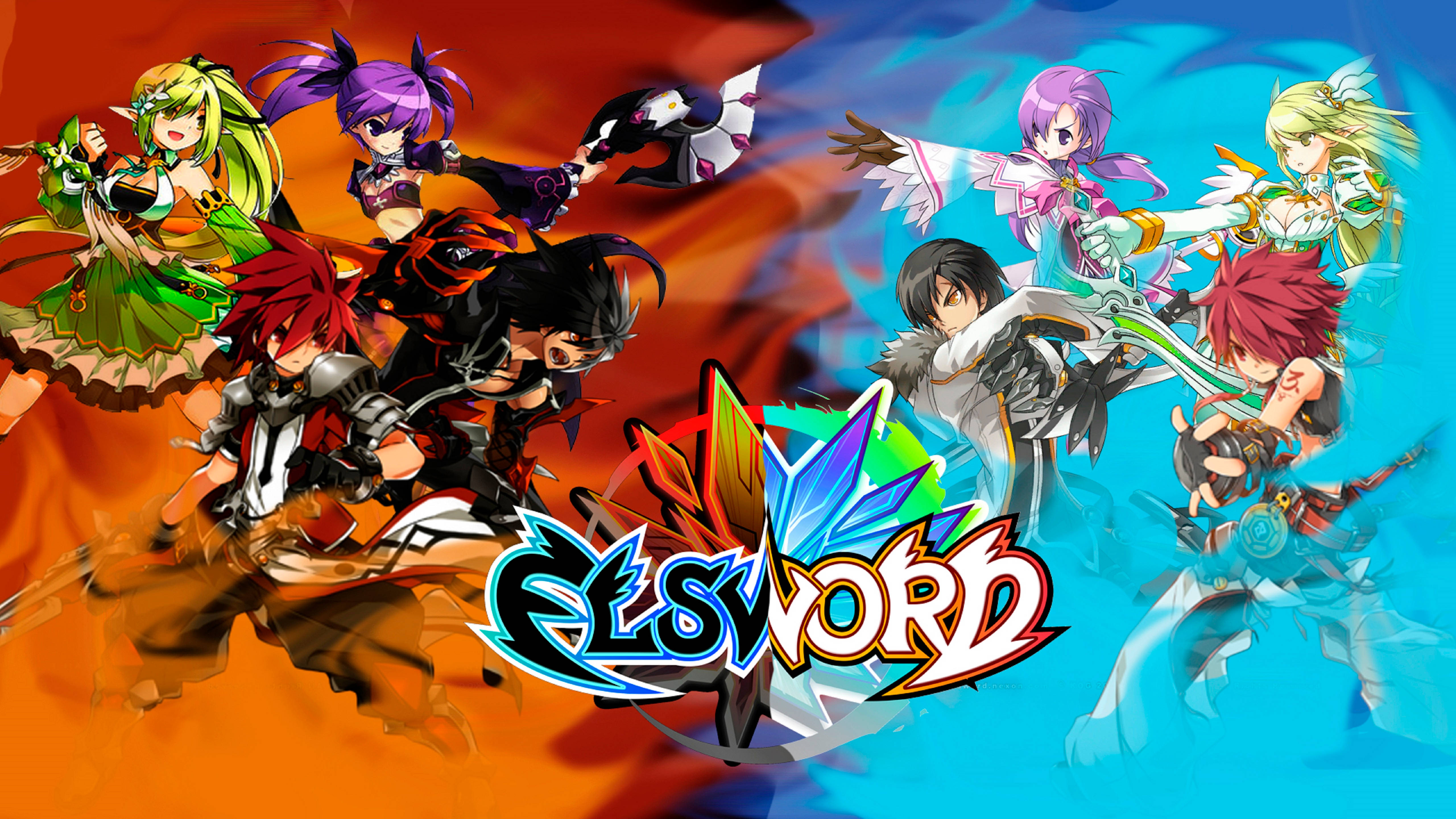 Elsword 桌布 壁紙 — 充滿活力的動漫角色以動態戰鬥姿勢呈現，由火熱橙色和冰冷藍色背景分隔，並帶有粗體 Elsword 標誌。