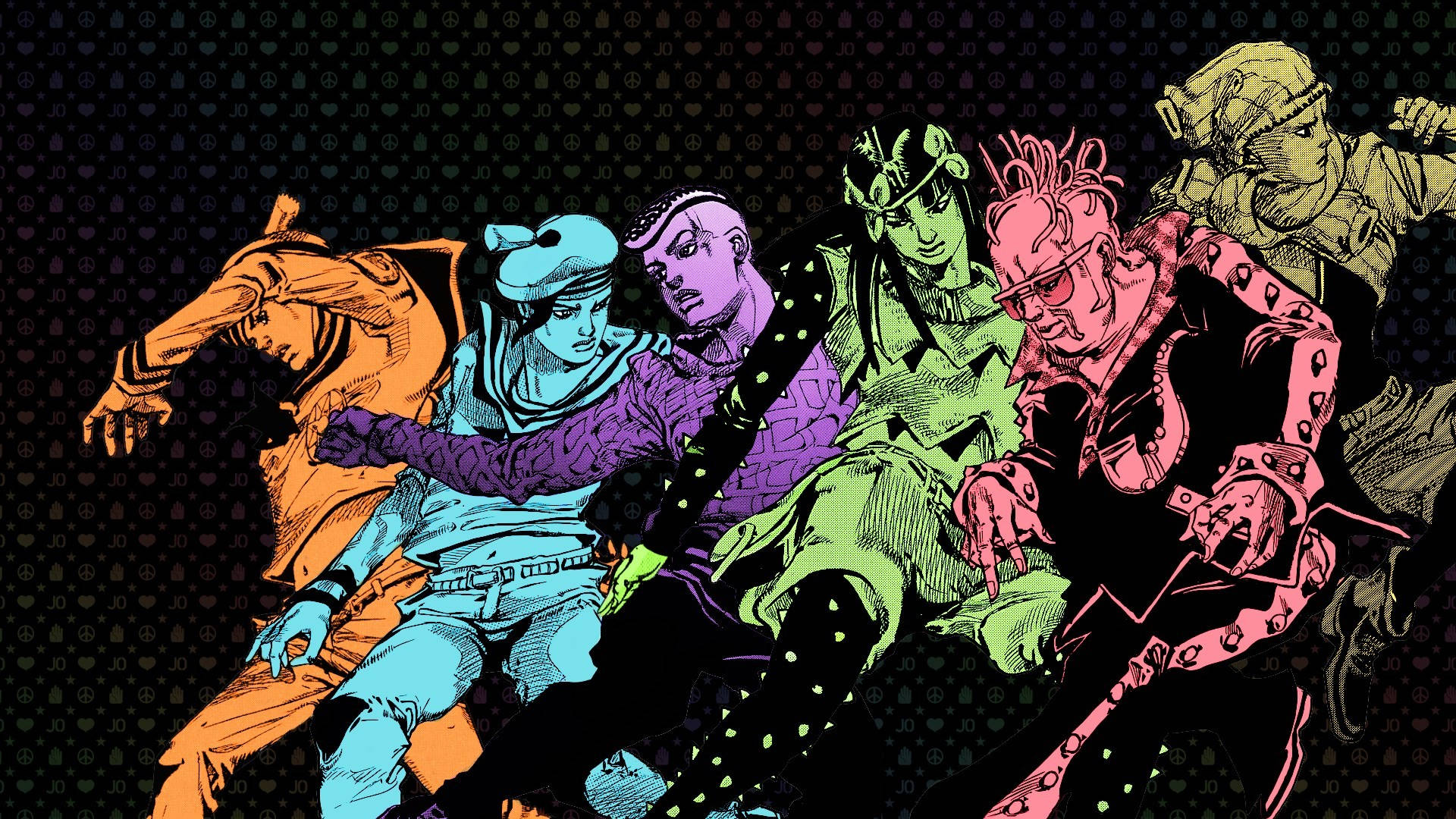 Jojo 桌布 壁紙 — 充滿活力的動漫角色以大膽的霓虹色彩，在深色圖案背景上動態擺姿勢。