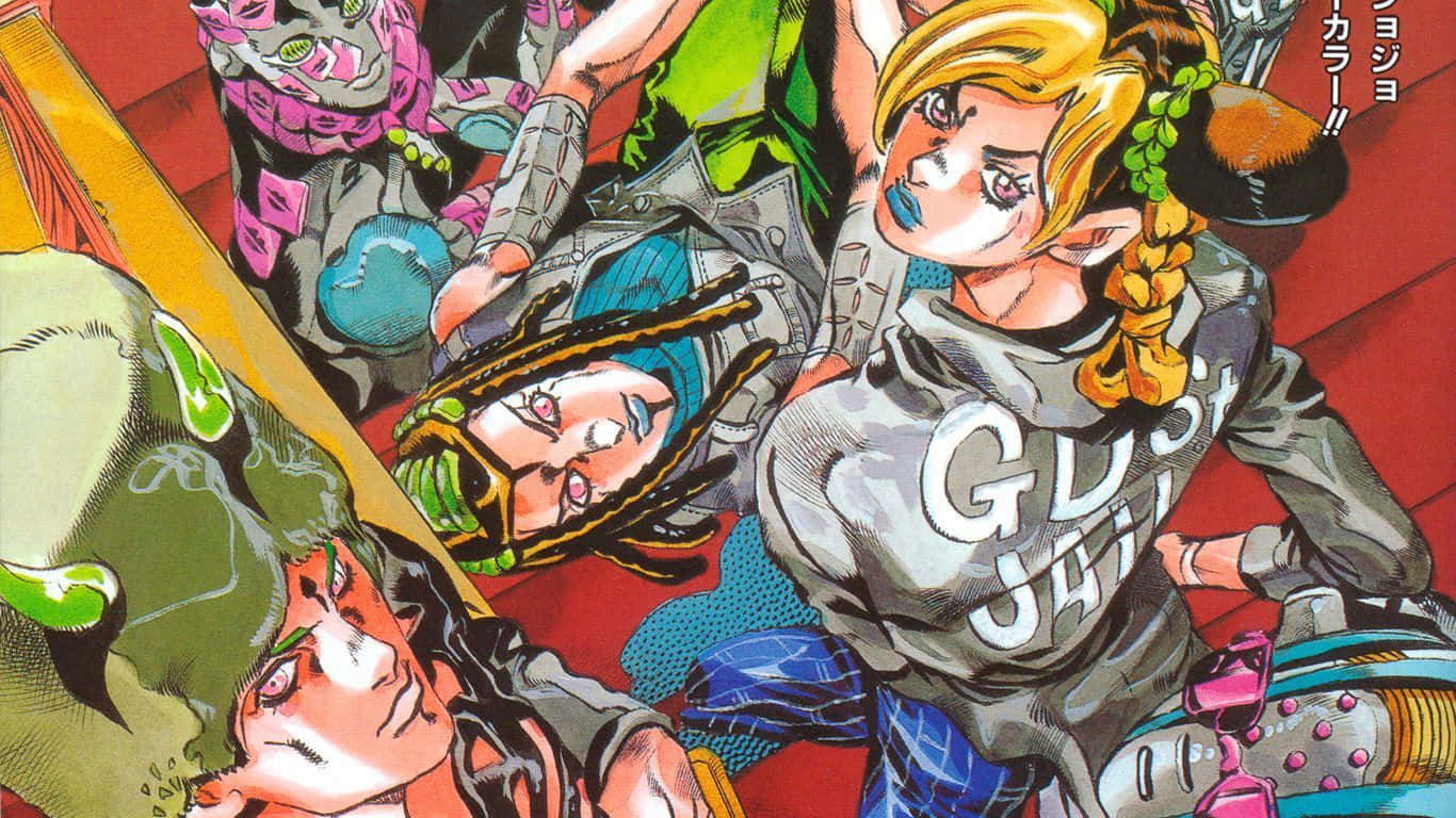 Jojo Manga 桌布 壁紙 — 充滿活力的動漫角色以鮮豔色彩在動作漫畫格中碰撞，線條大膽，表情誇張。