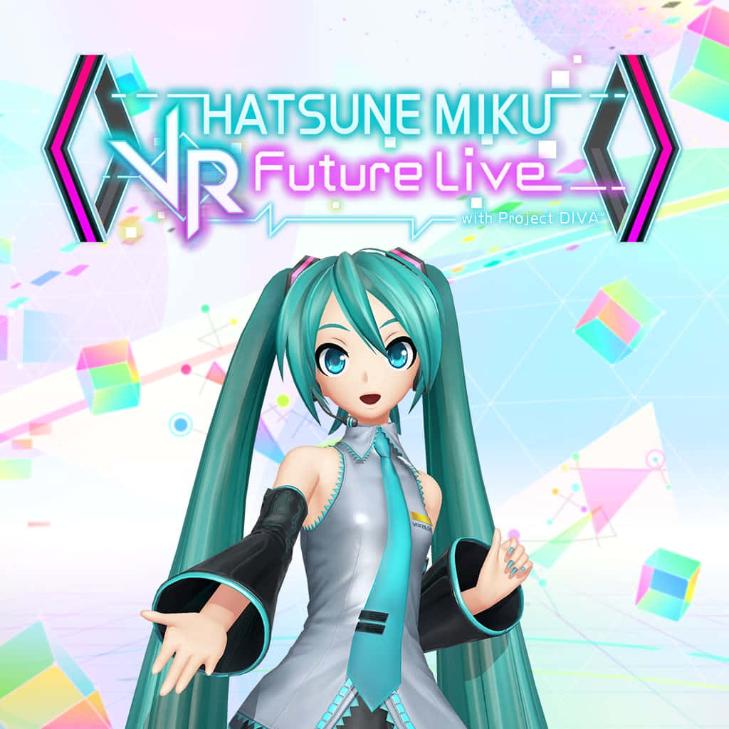 初音未來 桌布 壁紙 — 充滿活力的動漫角色初音未來穿著未來風格服裝，站在發光的幾何背景前，帶有霓虹文字。