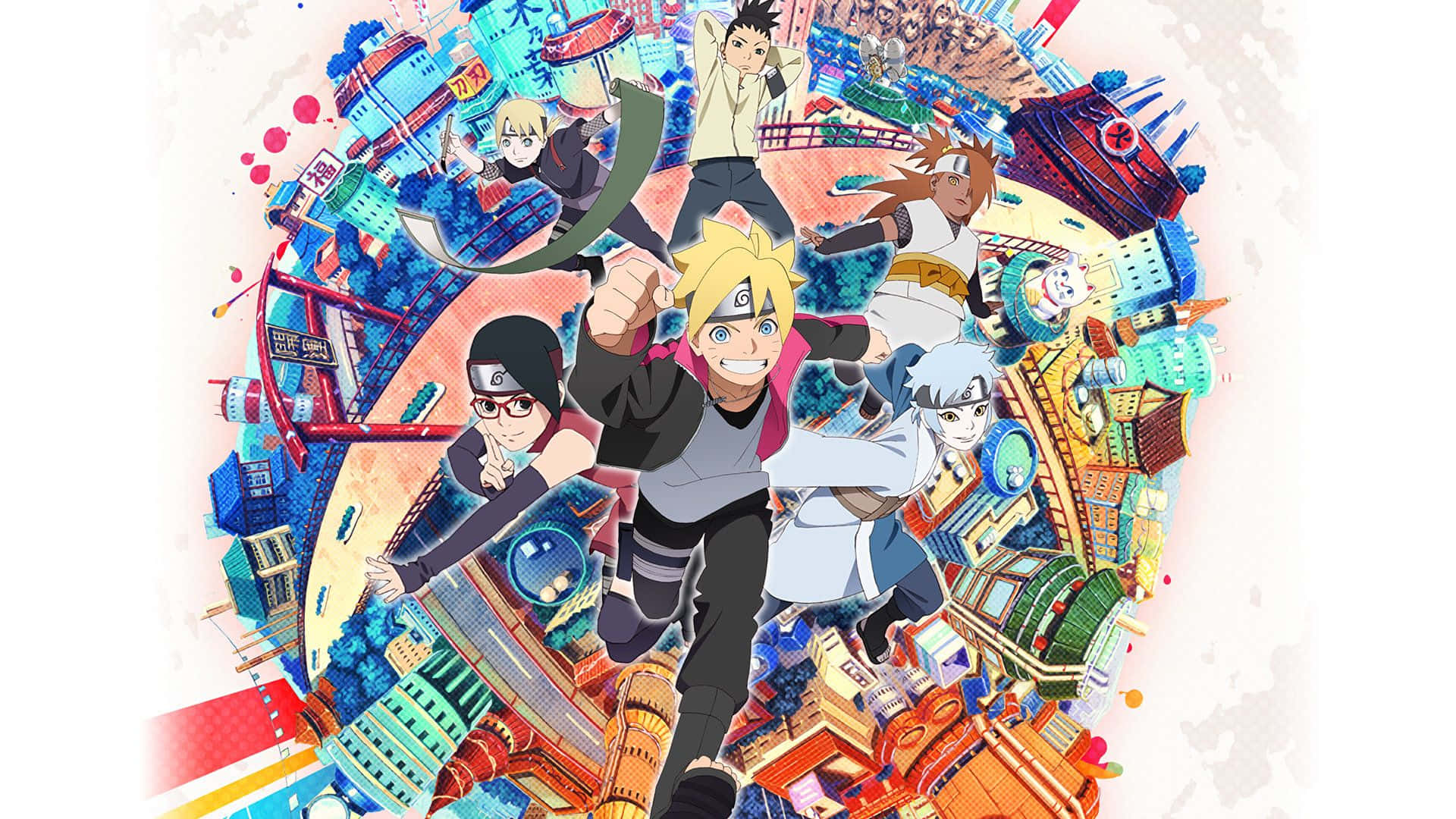 Boruto Naruto Next Generations 桌布 壁紙 — 充滿活力的動漫角色動態地跳躍穿過色彩繽紛、風格化的日本地標和建築旋風。
