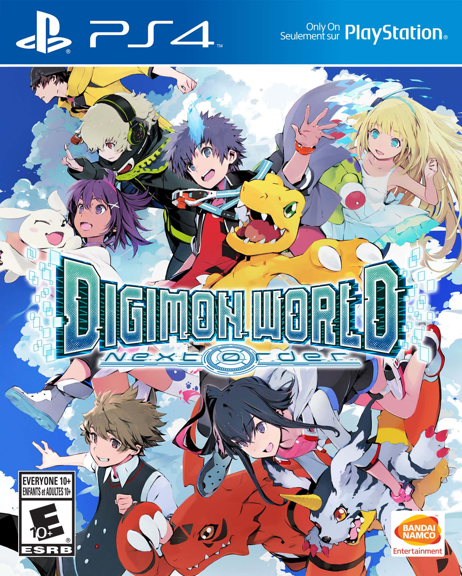 動漫遊戲封面，展示孩子和數碼寶貝在藍天下擺出動態姿勢。 — Ps4 壁紙