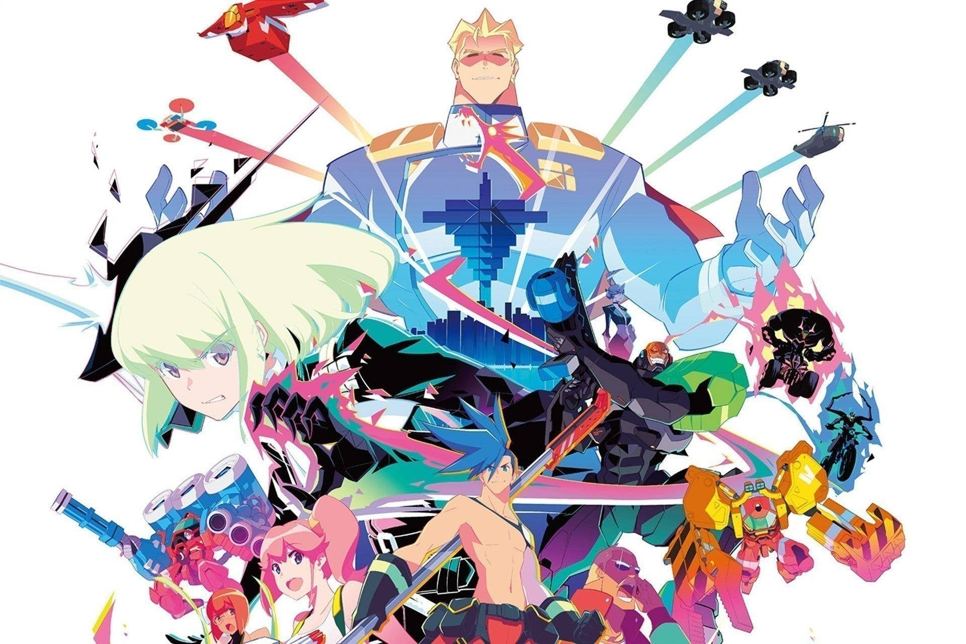 Promare 桌布 壁紙 — 充滿活力的動漫角色和機甲在純白背景上動態爆炸。