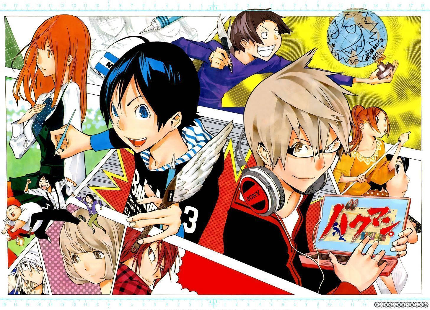 Bakuman 桌布 壁紙 — 充滿活力的動漫角色在動態漫畫面板中展示富有表現力的面孔和充滿活力的姿勢。