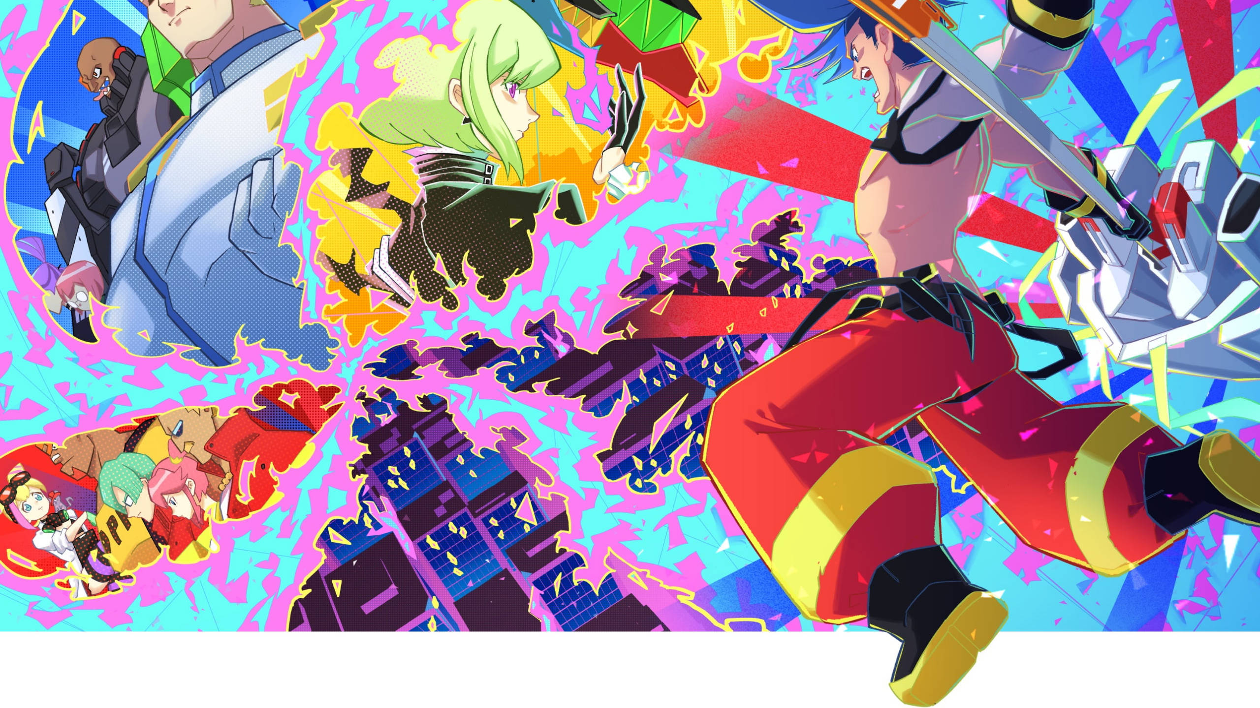 Promare 桌布 壁紙 — 充滿活力的動漫角色在半空中碰撞，帶有爆炸性能量，背景是迷幻的城市景觀。