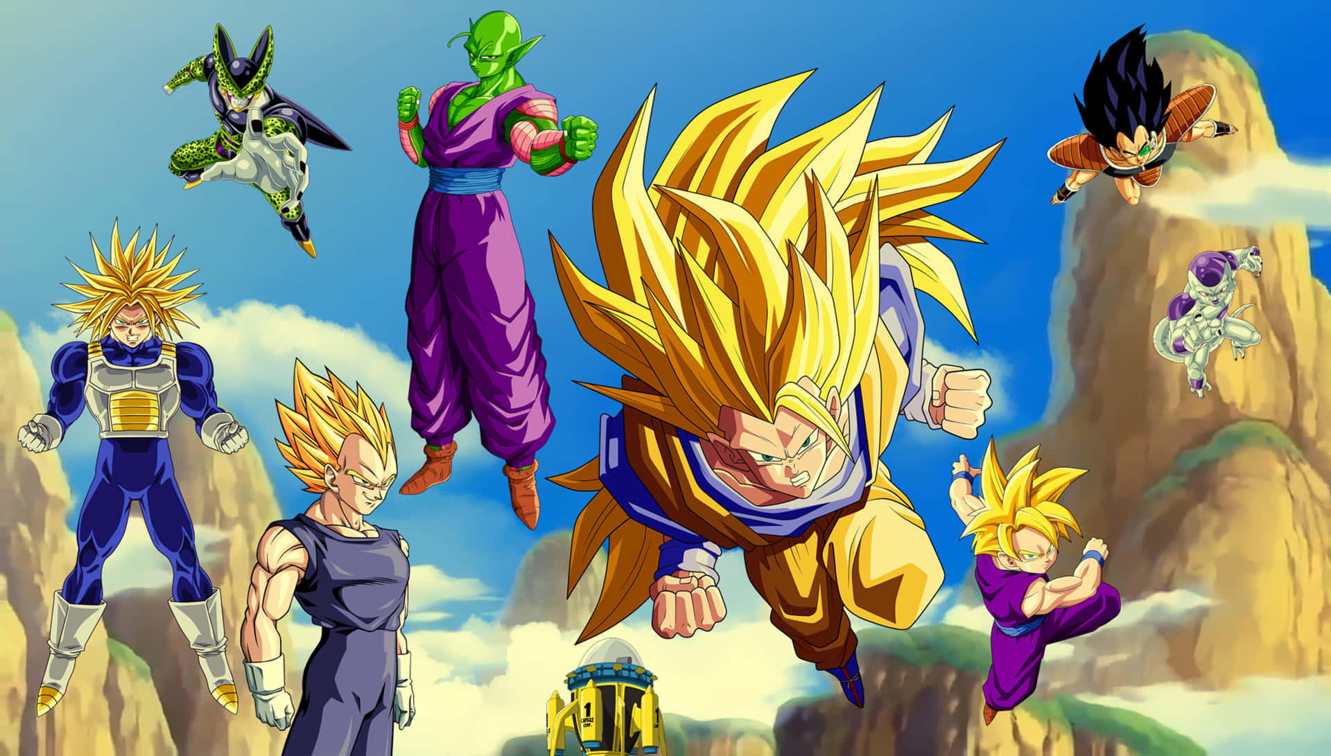 Dbz 桌布 壁紙 — 充滿活力的動漫角色在明亮的藍天中翱翔，在岩石懸崖上方展開一場強大的戰鬥場景。