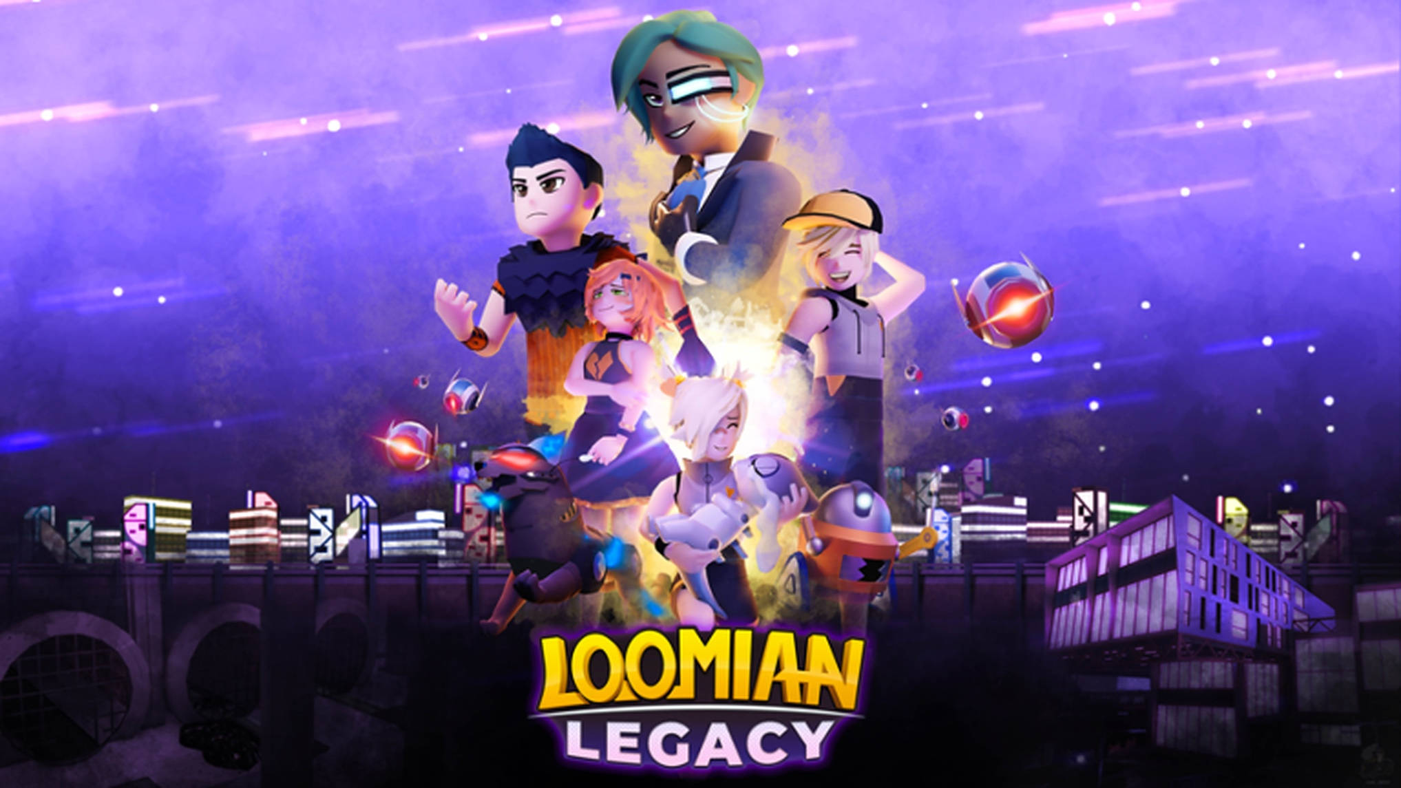 loomian legacy 桌布 壁紙 — 充滿活力的動漫角色在星空下，以霓虹紫色城市景觀為背景發光。
