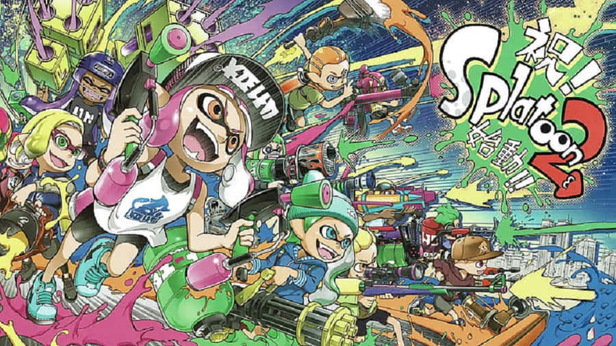 splatoon 2 桌布 壁紙 — 充滿活力的動漫角色在混亂的墨水戰鬥中，帶有彩色飛濺和動態姿勢。