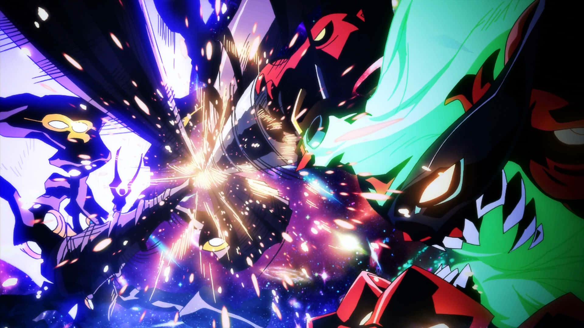 Gurren Lagann 桌布 壁紙 — 充滿活力的動漫角色在紫色、綠色和金色能量粒子的宇宙爆炸中碰撞。