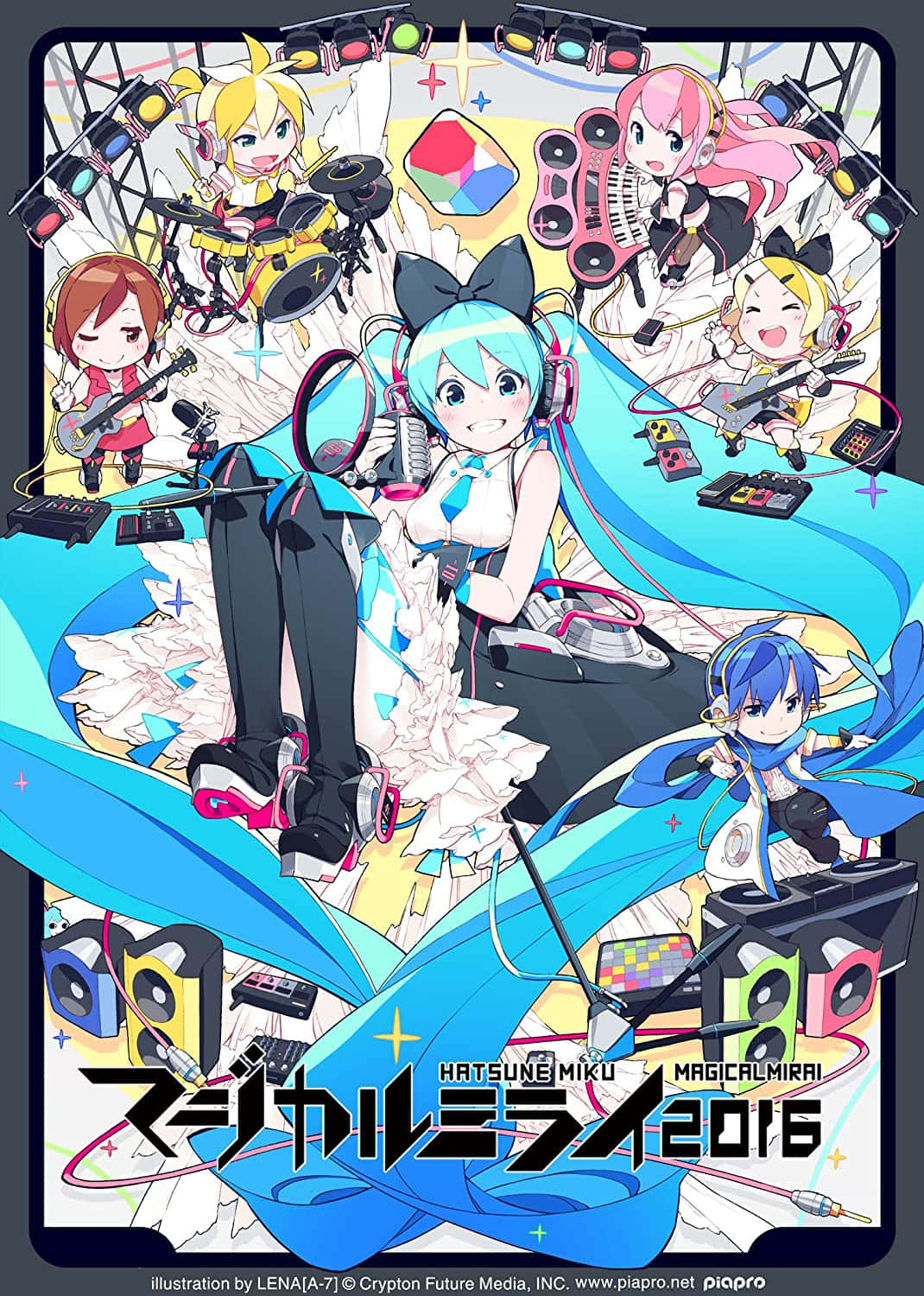 初音未來 桌布 壁紙 — 充滿活力的動漫角色在舞台上表演音樂，配備發光設備和動態藍色能量流。