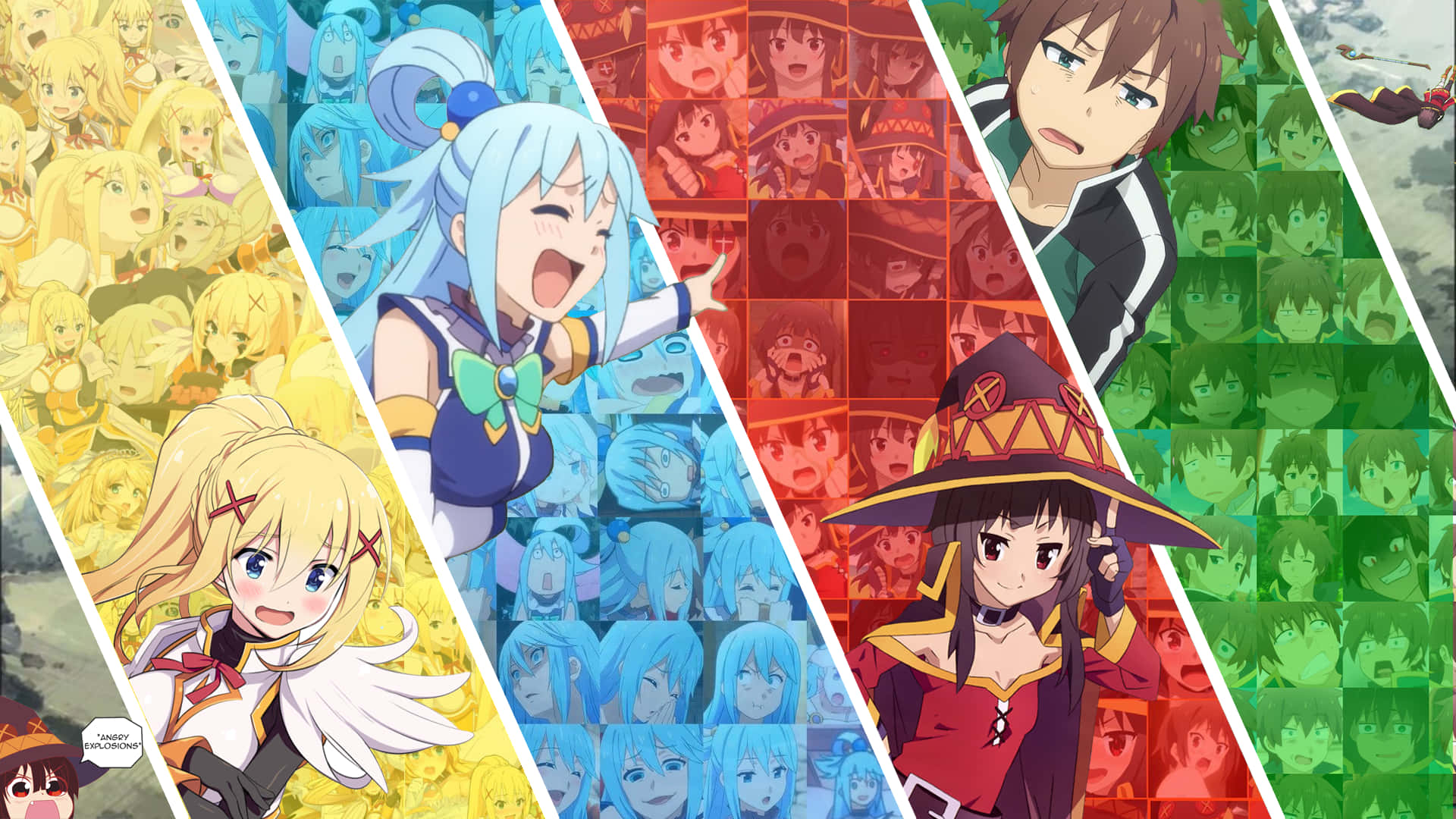Konosuba 桌布 壁紙 — 充滿活力的動漫角色在色彩繽紛的對角線面板上爆發，形成一個由表情豐富的臉孔和大膽色調組成的動態拼貼畫。