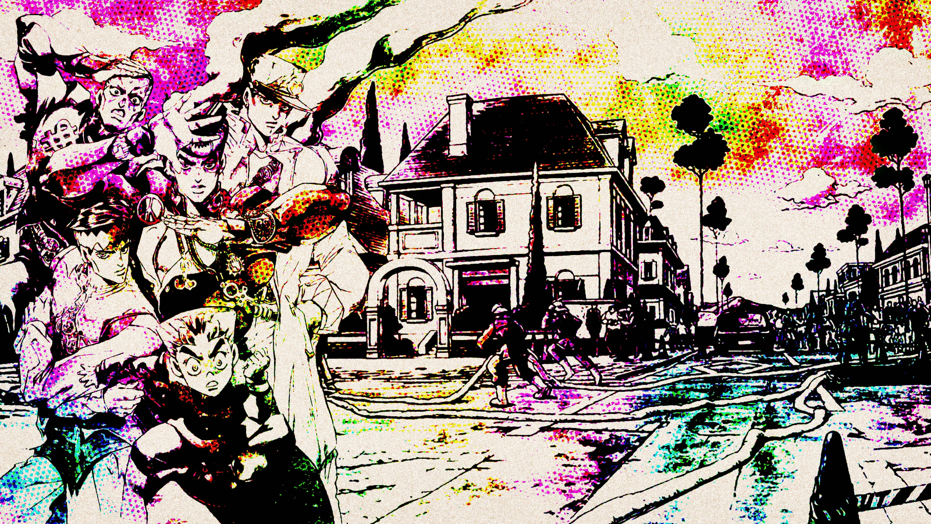 jojo 4K 桌布 壁紙 — 充滿活力的動漫角色在迷幻天空下，以大膽的半色調圖案在風格化的街頭場景中碰撞。