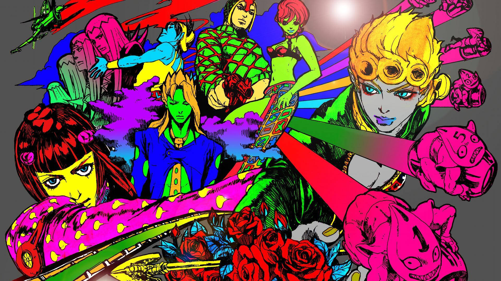 Jojo 桌布 壁紙 — 充滿活力的動漫角色在黑暗背景上以霓虹色彩爆發，伴隨著動態能量光束和玫瑰。