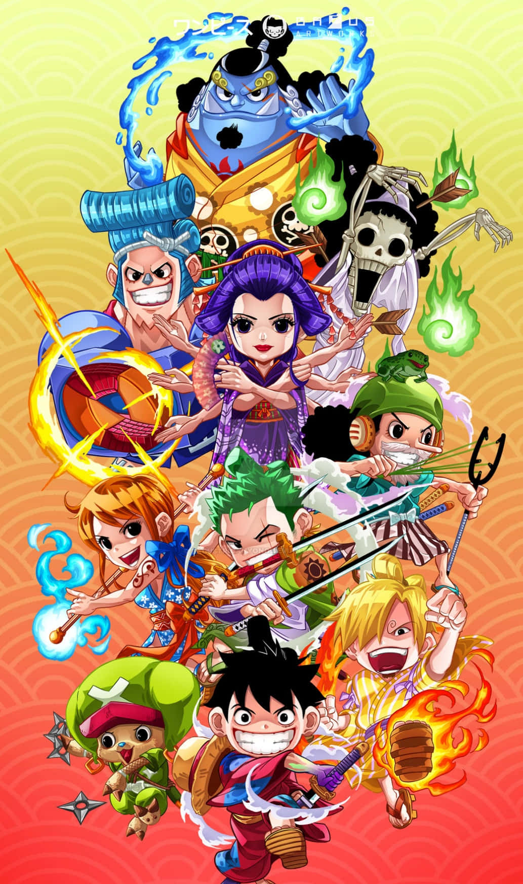 Straw Hat Pirates 桌布 壁紙 — 充滿活力的動漫角色帶著元素力量從漸變背景中以動態姿勢爆發出來。