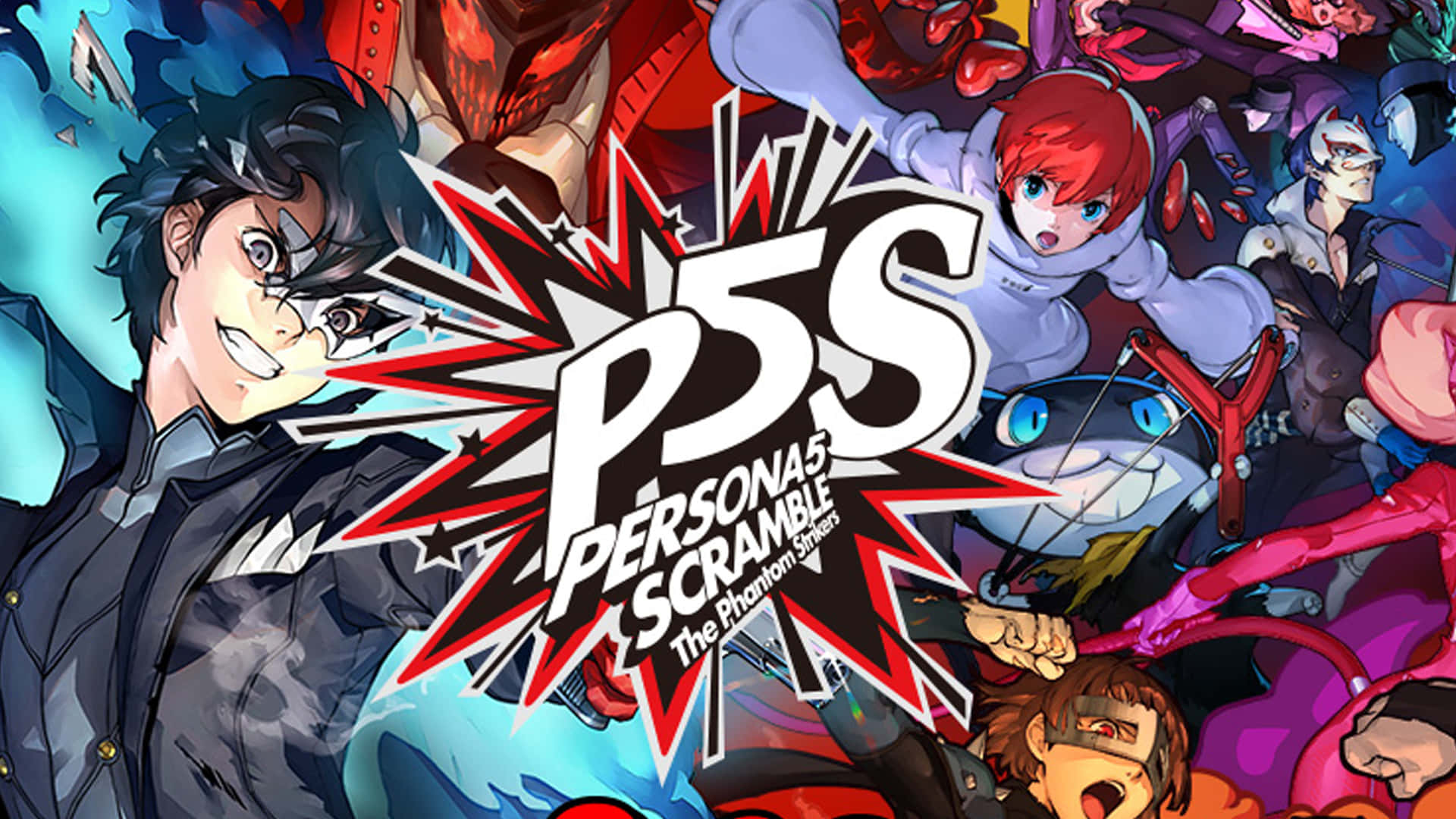 桌布 壁紙 — 充滿活力的動漫角色從圍繞 Persona5 Scramble 標誌的動態漫畫風格爆炸中迸發出來。