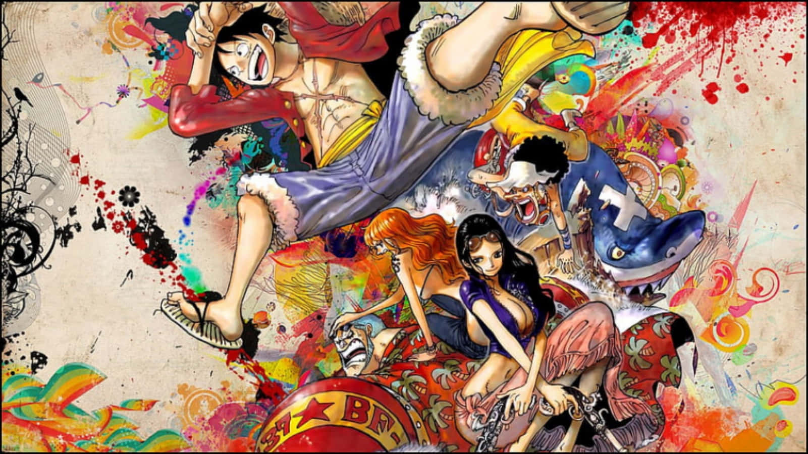 Straw Hat Pirates 桌布 壁紙 — 充滿活力的動漫角色從帶有紋理的畫布上爆發出來，伴隨著飛濺的顏料和動態的姿勢。