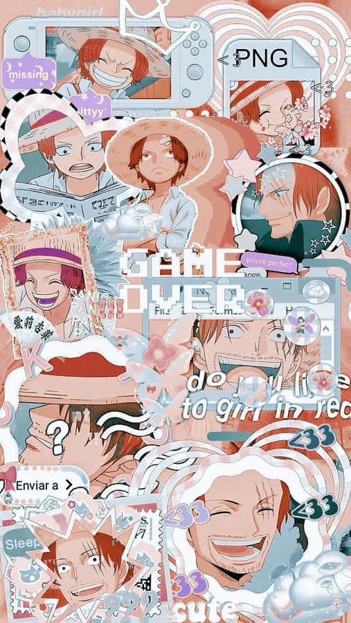 one piece art 桌布 壁紙 — 充滿活力的動漫角色拼貼畫，採用粉紅蜜桃和藍色調，包含遊戲控制器圖標和俏皮文字疊加。