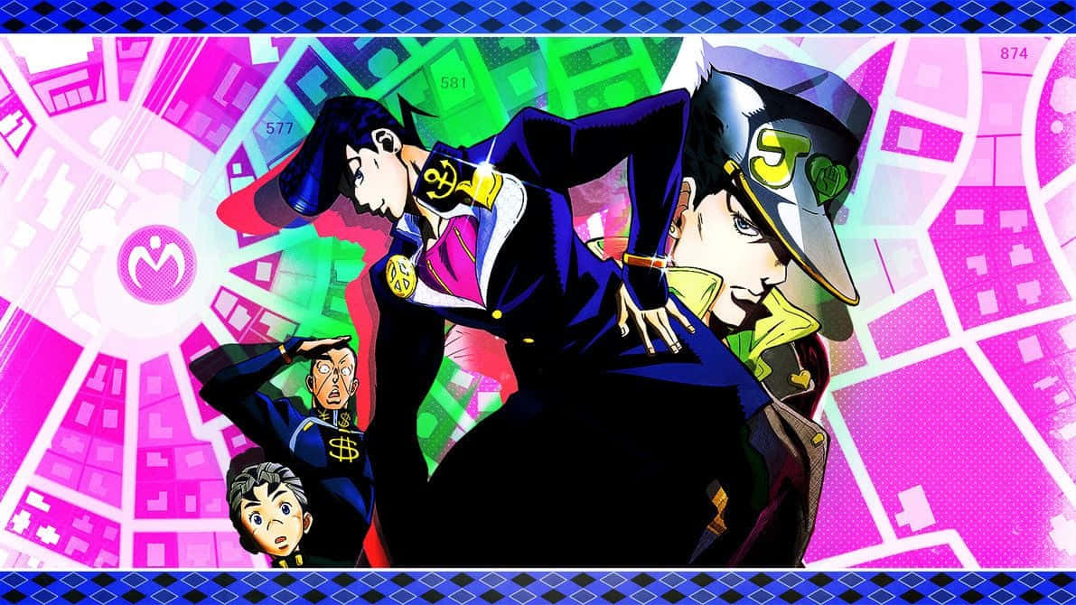 Diamond Is Unbreakable 桌布 壁紙 — 充滿活力的動漫角色穿著大膽的制服，在霓虹粉紅和綠色的幾何城市景觀背景下動態擺姿勢。