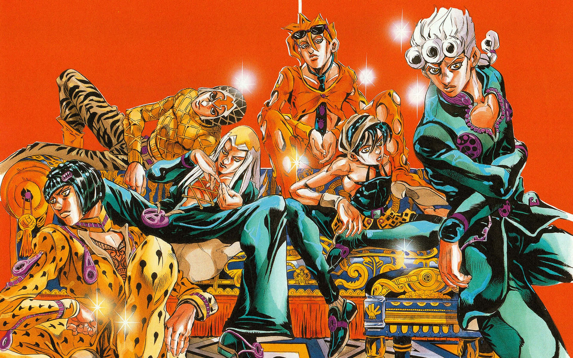 Jojo 桌布 壁紙 — 充滿活力的動漫角色穿著大膽的服裝，在火熱的橙色背景前動態擺姿勢，帶有閃爍的高光。