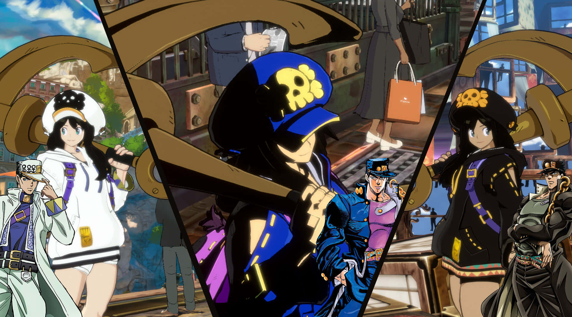 Jotaro 桌布 壁紙 — 充滿活力的動漫角色穿著大膽的服裝，站在動態的城市場景中，帶有戲劇性的燈光和鮮豔的色彩。