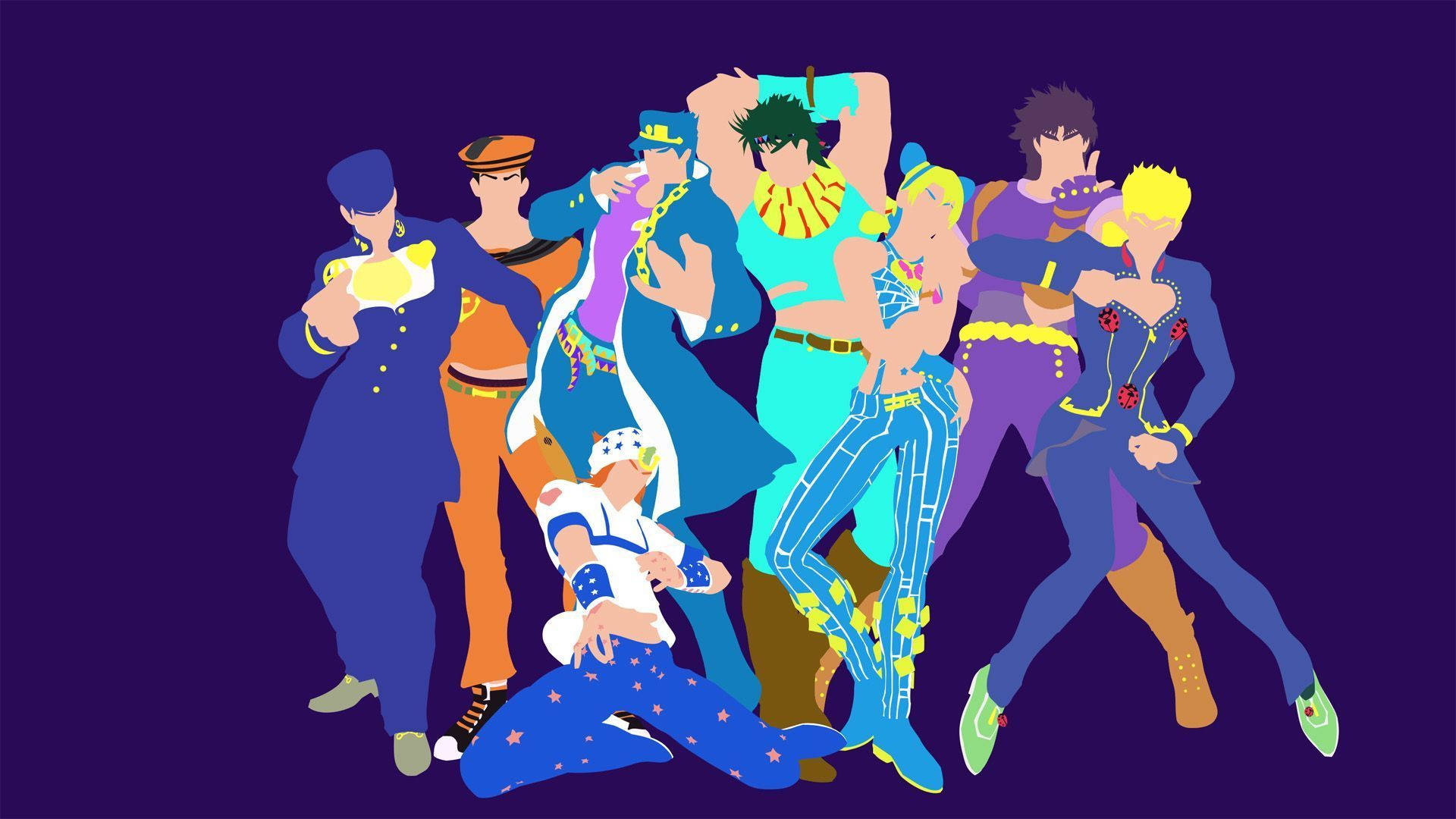 Jojo 桌布 壁紙 — 充滿活力的動漫角色穿著大膽色彩繽紛的服裝，在深紫色背景前動態擺姿勢。