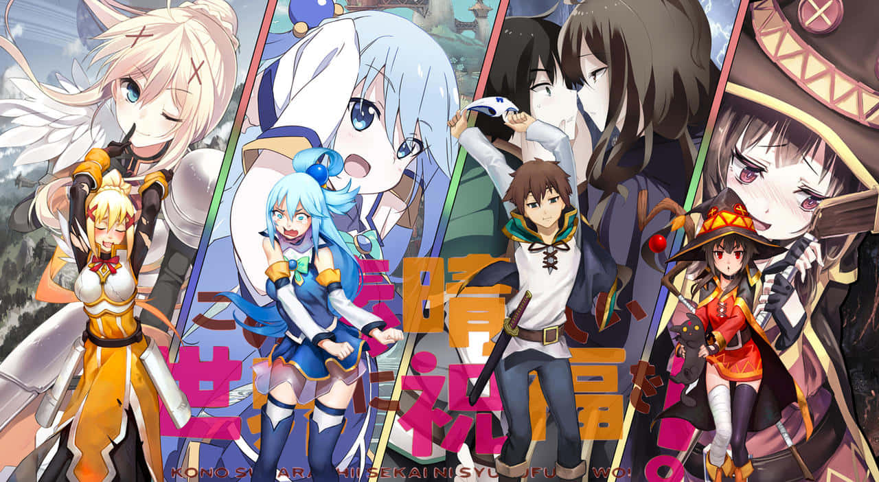 Konosuba 桌布 壁紙 — 充滿活力的動漫角色穿著奇幻服裝，在帶有日文字幕的色彩繽紛、風格化的背景前動態擺姿勢。