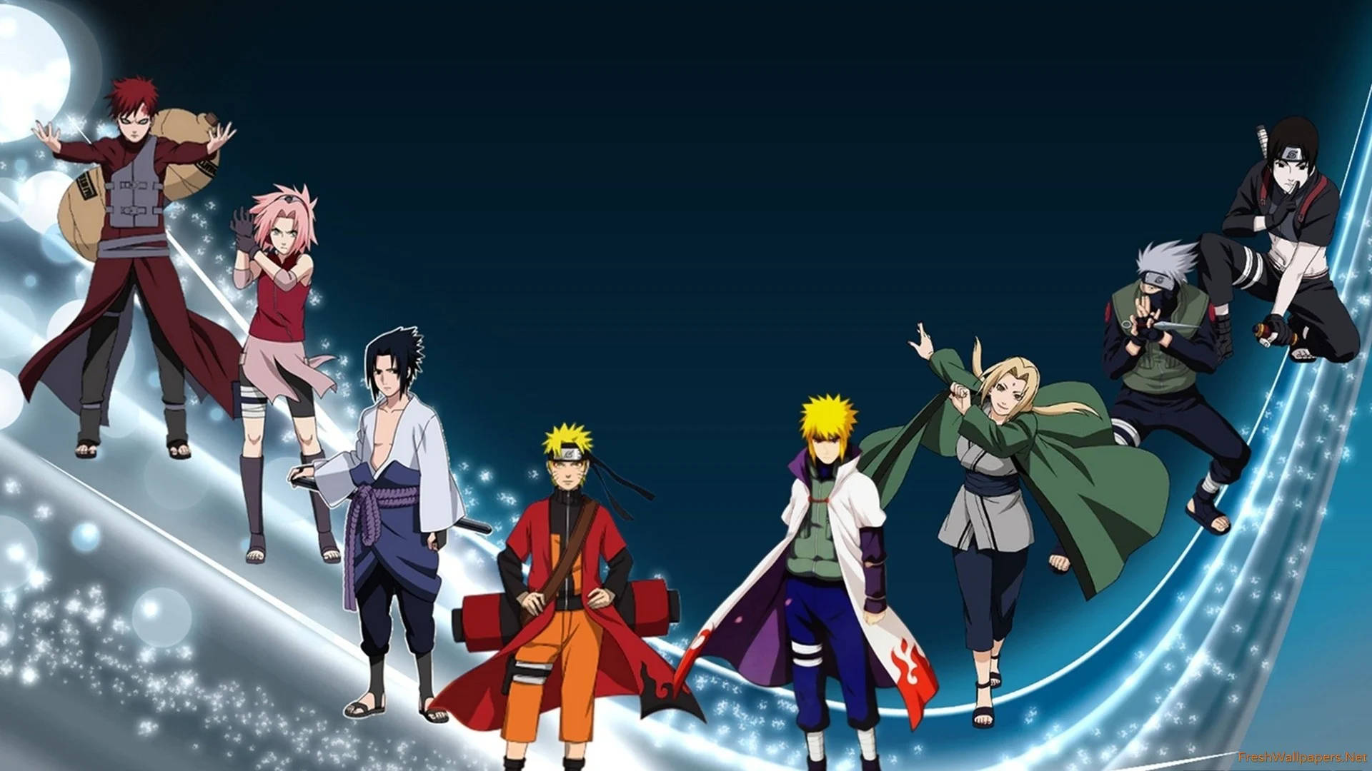 Naruto Shippuden Cool 桌布 壁紙 — 充滿活力的動漫角色穿著鮮豔服裝，在發光的藍色能量漩渦背景下英勇地擺出姿勢。