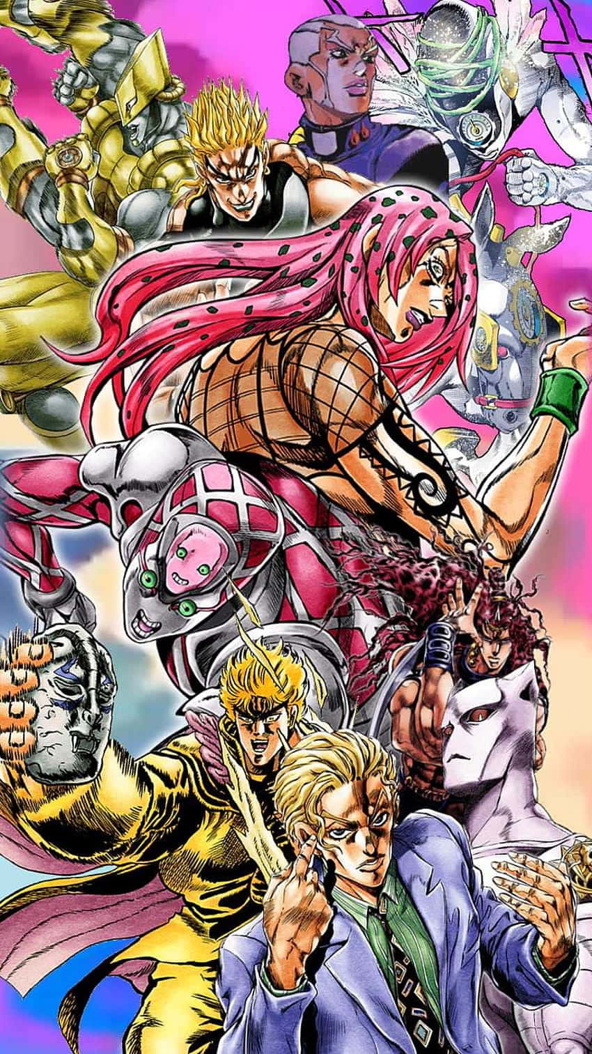 Jojo 桌布 壁紙 — 充滿活力的動漫角色穿著鮮豔服裝，在粉紅和紫色漸變背景上對戰。