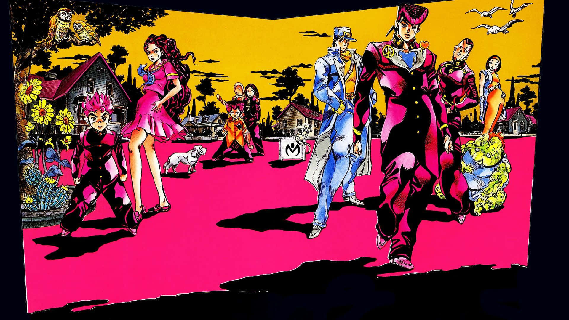 Jojo 桌布 壁紙 — 充滿活力的動漫角色自信地走過一條超現實的粉紅色街道，在鮮黃色的天空下，有向日葵和房屋。