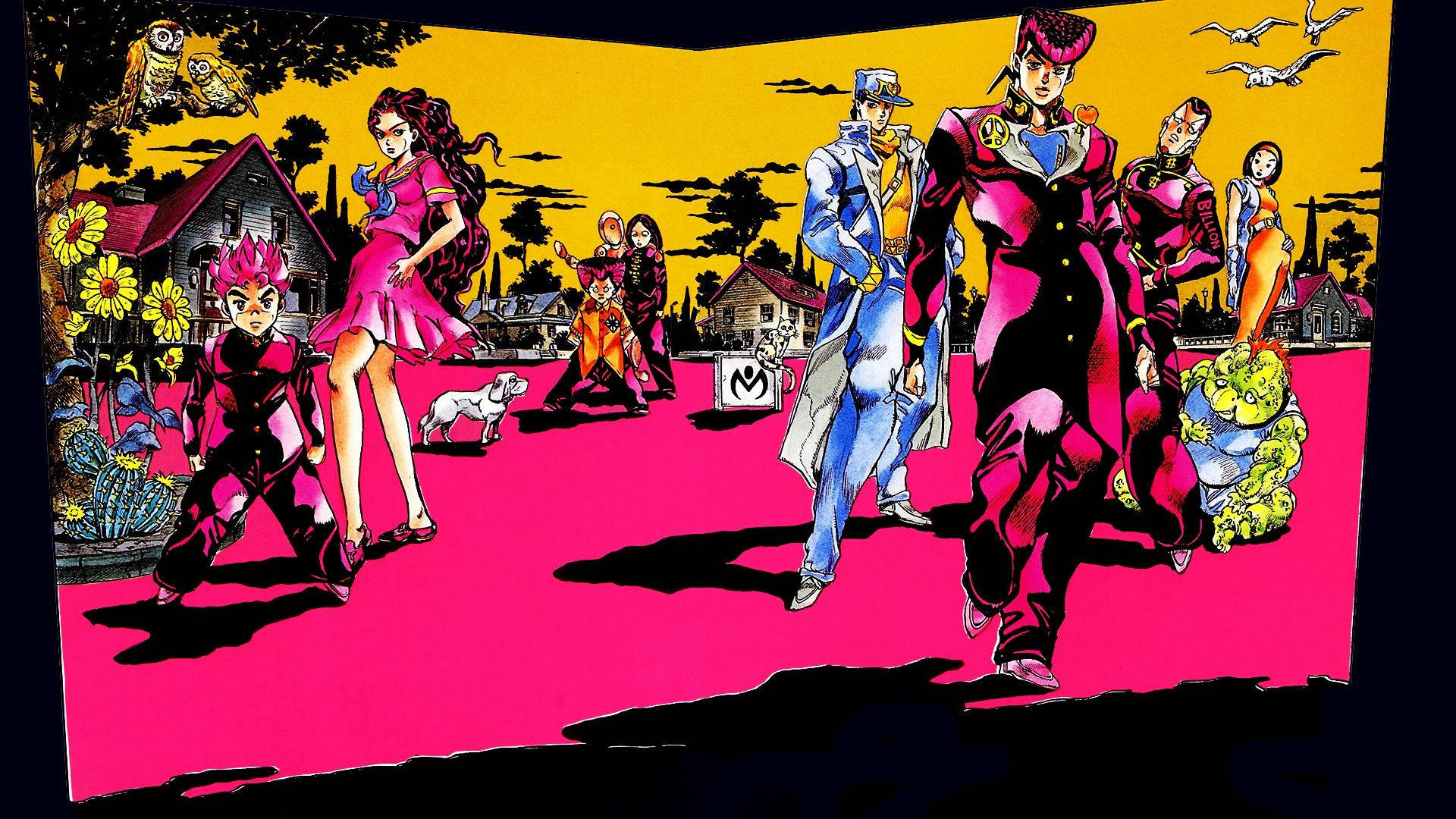 Jojo 桌布 壁紙 — 充滿活力的動漫角色自信地走過一條超現實的粉紅色街道，頭頂是鮮黃色的天空，點綴著風格化的房屋和鳥兒。