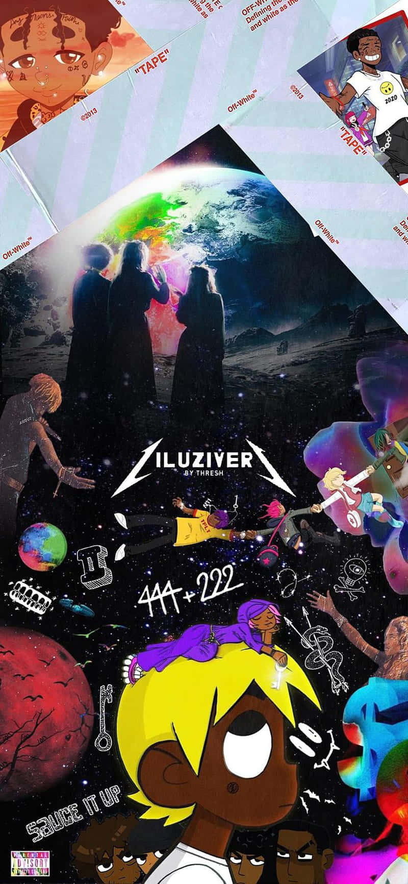 Lil Uzi Album 桌布 壁紙 — 充滿活力的動漫角色與宇宙元素拼貼畫，背景是星空，帶有發光行星和浮動文字。