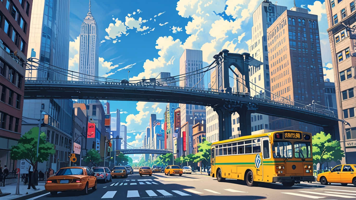 Skyline City 壁紙 — 充滿活力的動漫風格城市景觀，一輛黃色巴士和計程車在橋下行駛，背景是明亮的藍天和蓬鬆的白雲。