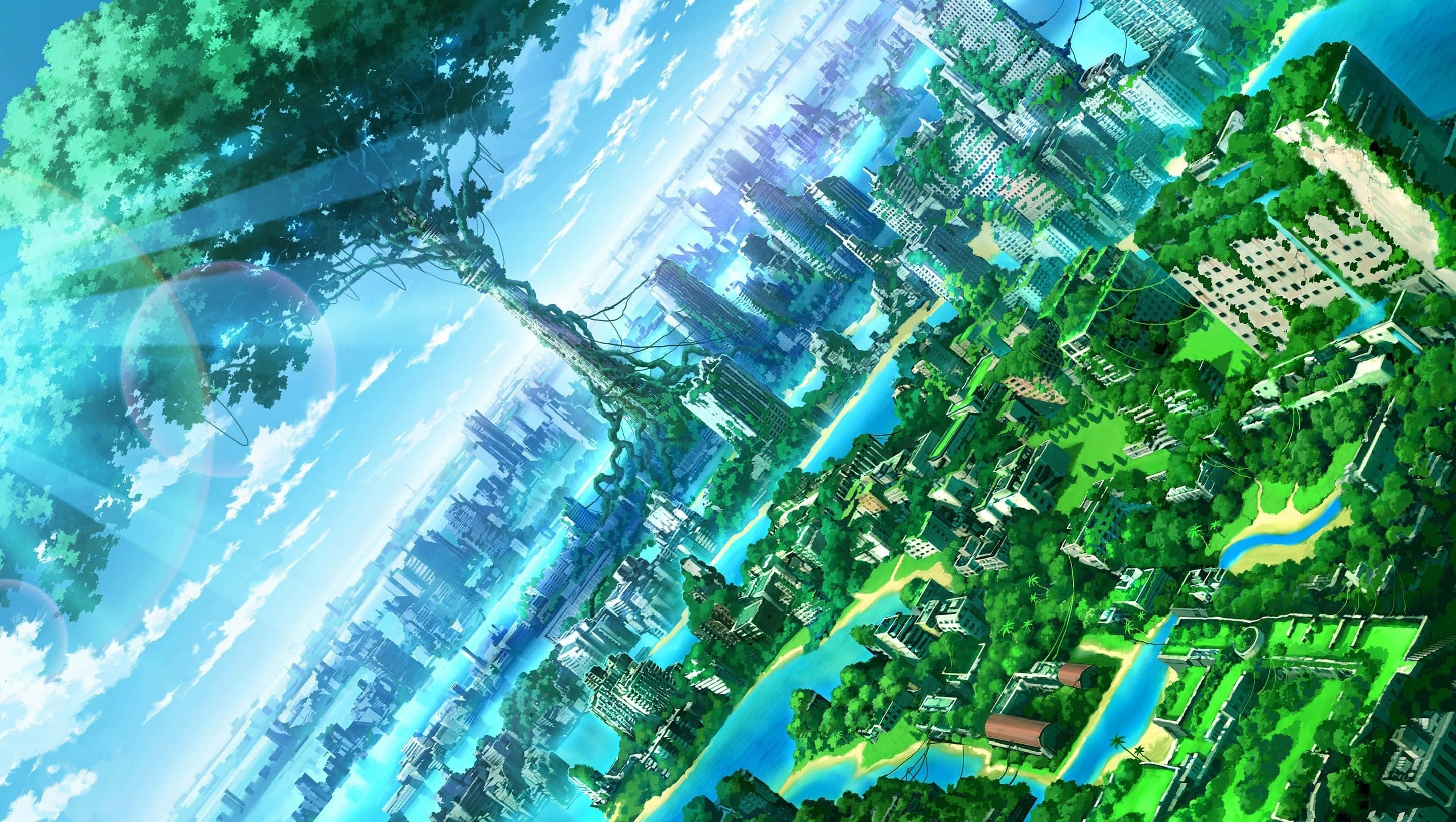Green Anime 桌布 壁紙 — 充滿活力的動漫風格城市景觀，在明亮的藍天下，分為茂密的綠色自然和高聳的城市建築。